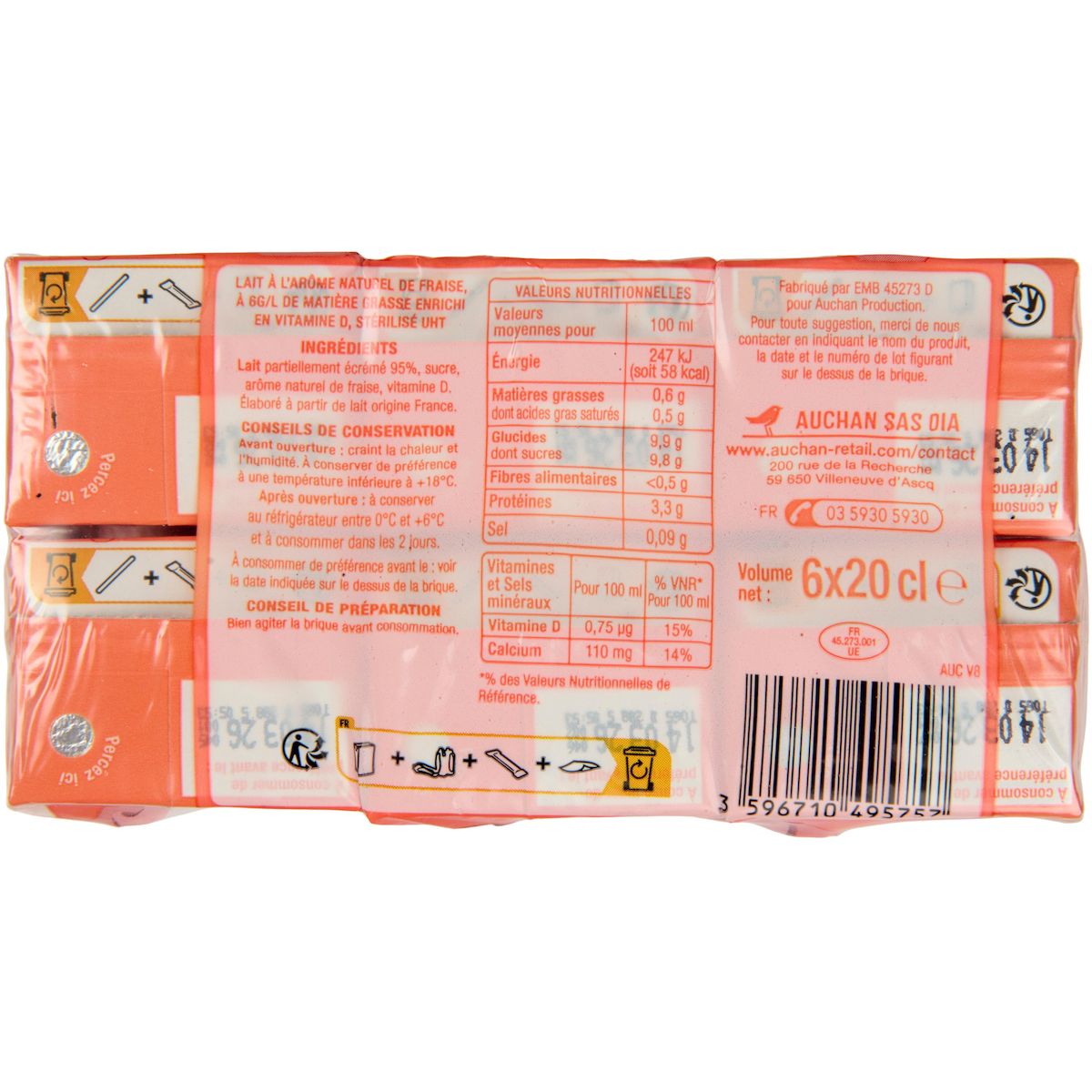 AUCHAN Boisson lactée à la fraise 6x20cl