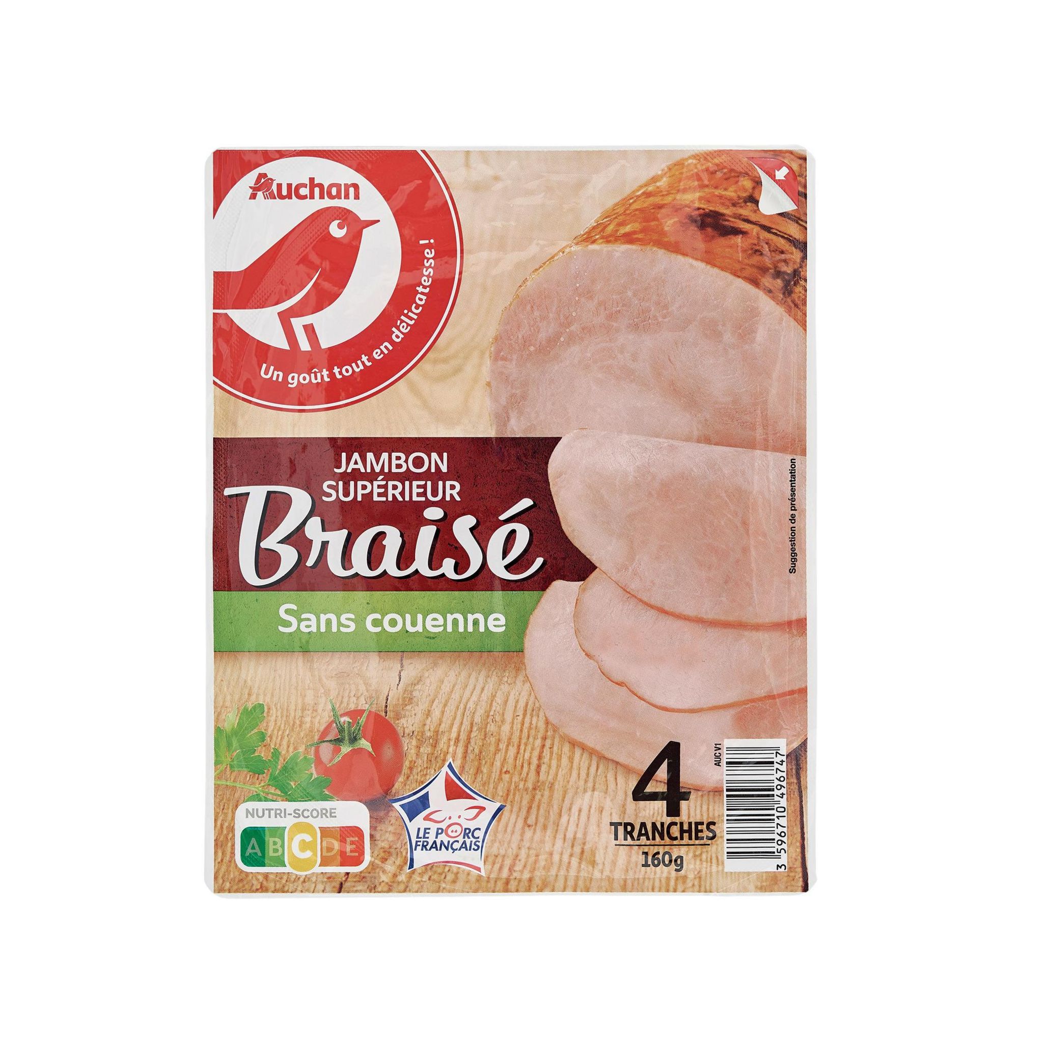 Voir la diapositive 2 : AUCHAN Jambon supérieur braisé sans couenne 4 tranches 160g