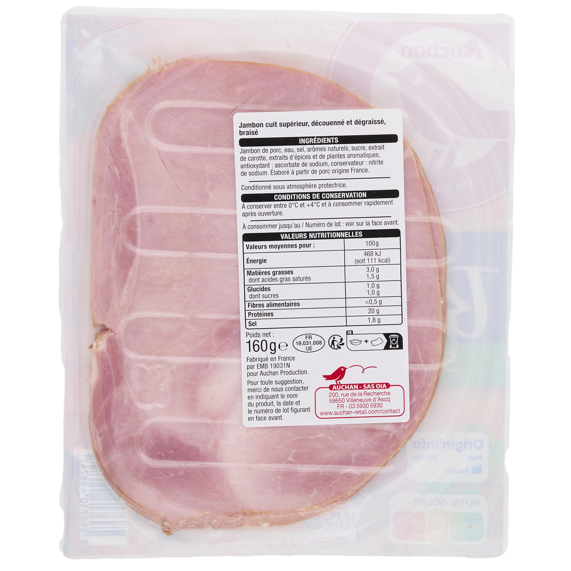 Voir la diapositive 3 : AUCHAN Jambon supérieur braisé sans couenne 4 tranches 160g