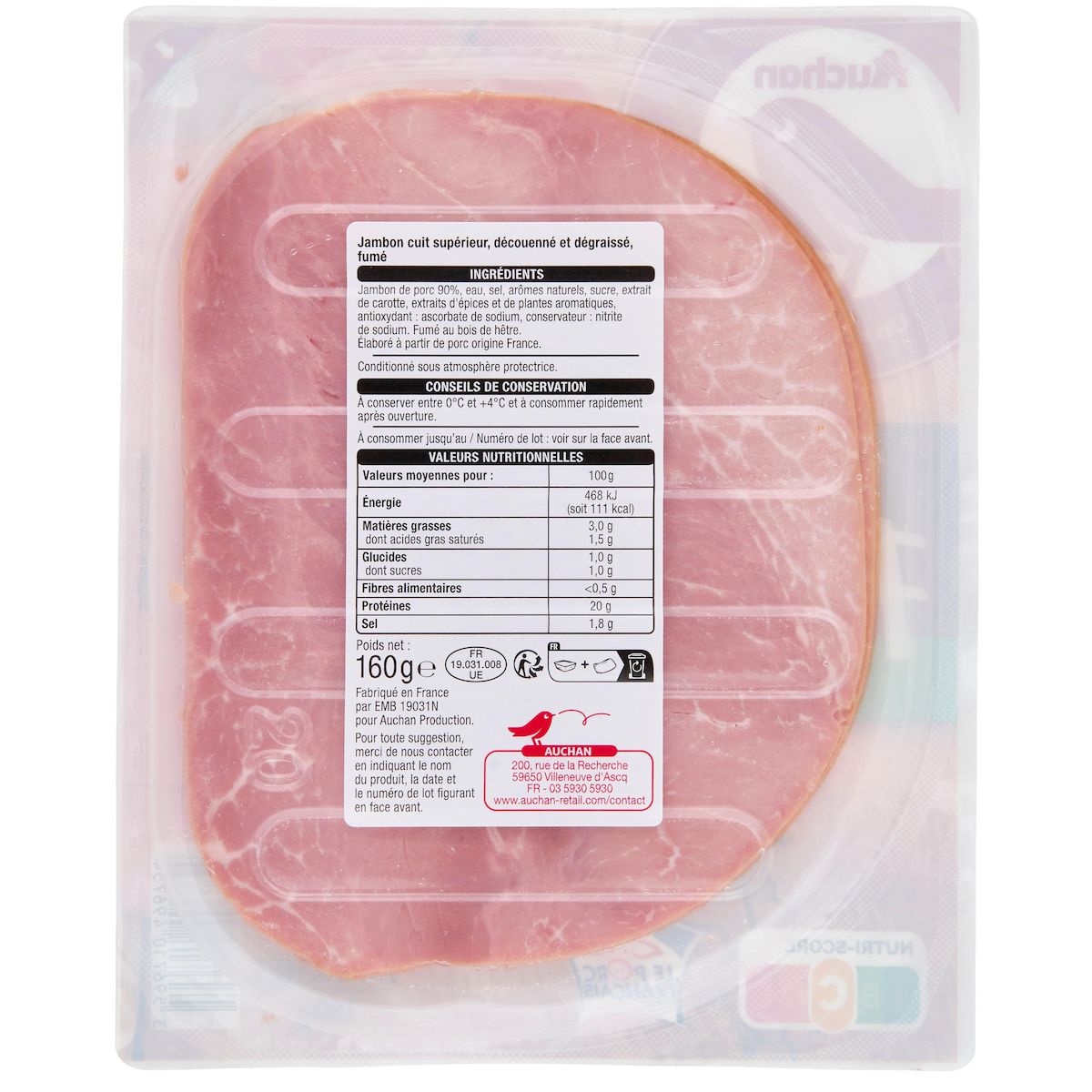 AUCHAN Jambon supérieur fumé 4 tranches 160g
