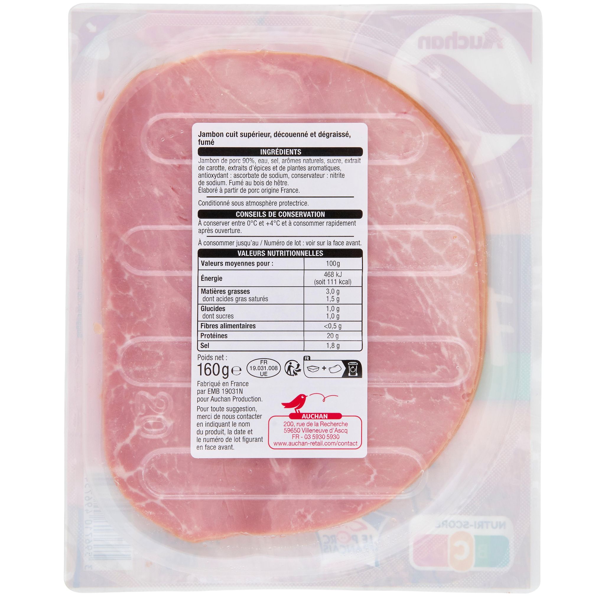 Voir la diapositive 3 : AUCHAN Jambon supérieur fumé 4 tranches 160g
