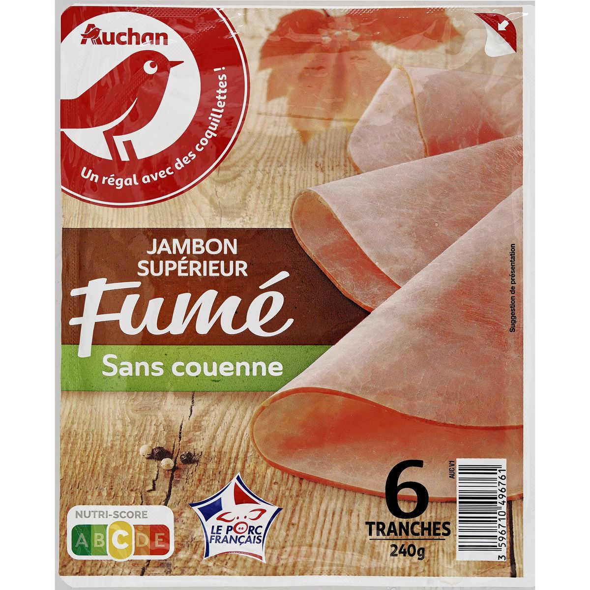 AUCHAN Jambon supérieur fumé sans couenne 6 tranches 240g