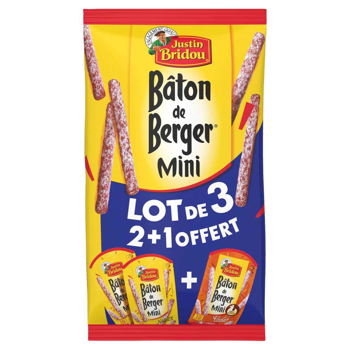 JUSTIN BRIDOU Trio de petits bâtons de Berger saucissons nature et poulet 2 nature+1 poulet offert 300g