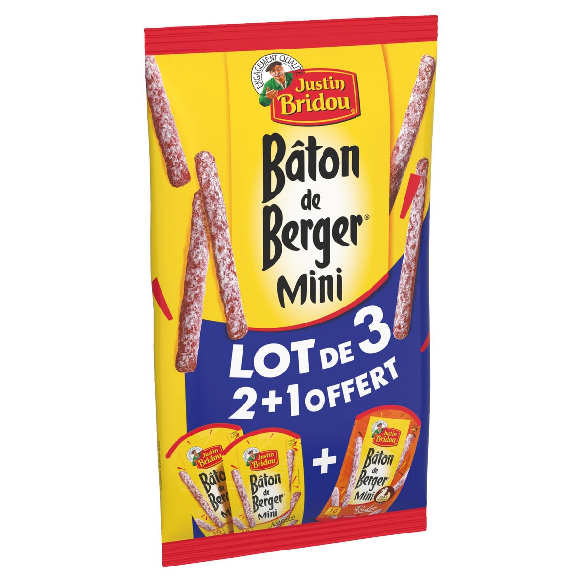 JUSTIN BRIDOU Trio de petits bâtons de Berger saucissons nature et poulet 2 nature+1 poulet offert 300g