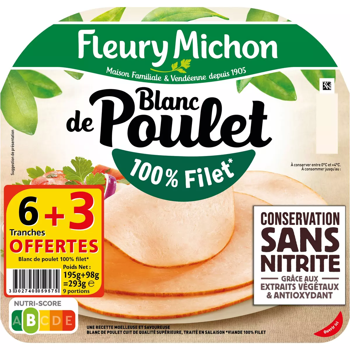 FLEURY MICHON Blanc de poulet 100% filet sans nitrite 6 tranches+3 offertes 293g