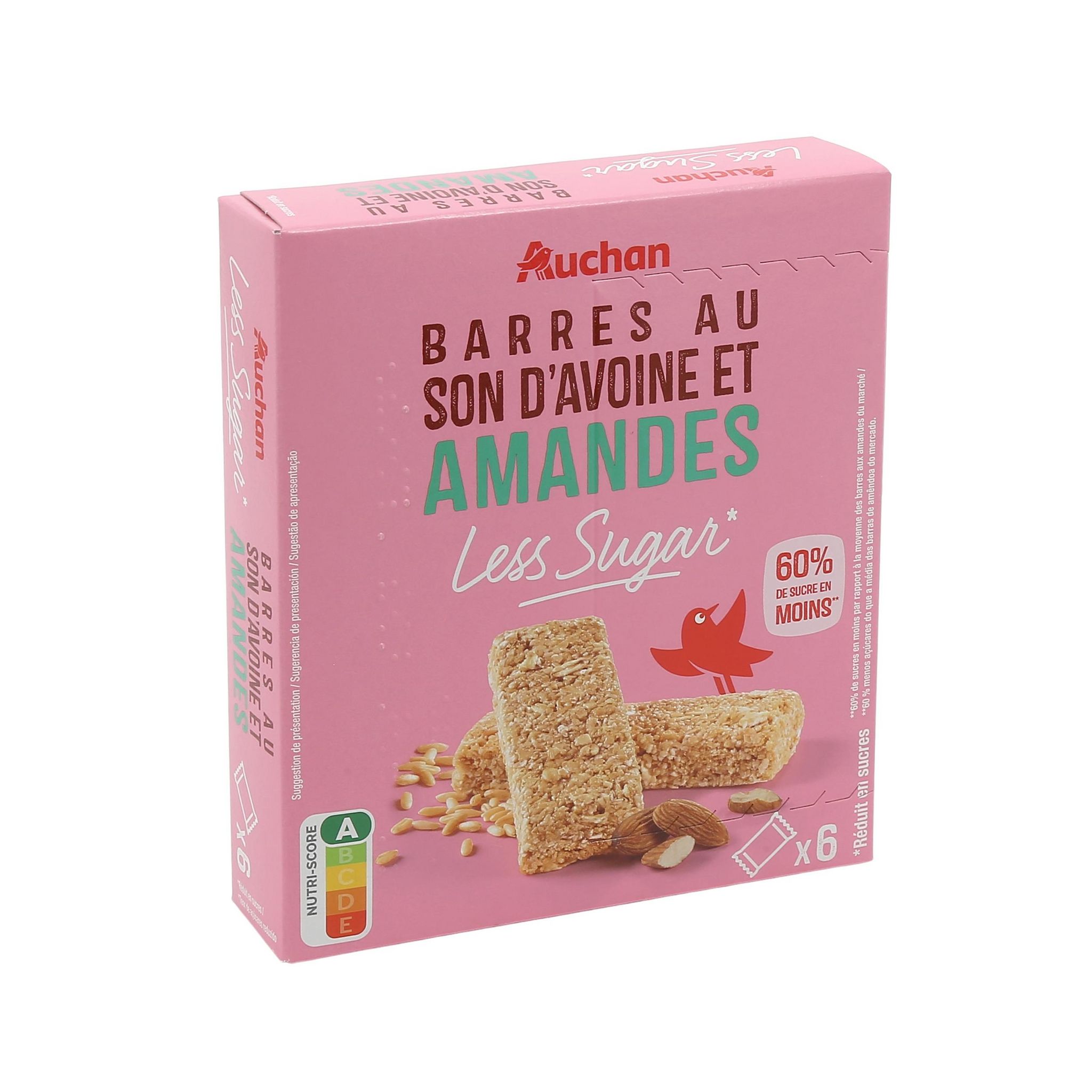 Voir la diapositive 4 : AUCHAN LESS SUGAR Barres au son d'avoine et amandes 6 barres 180g