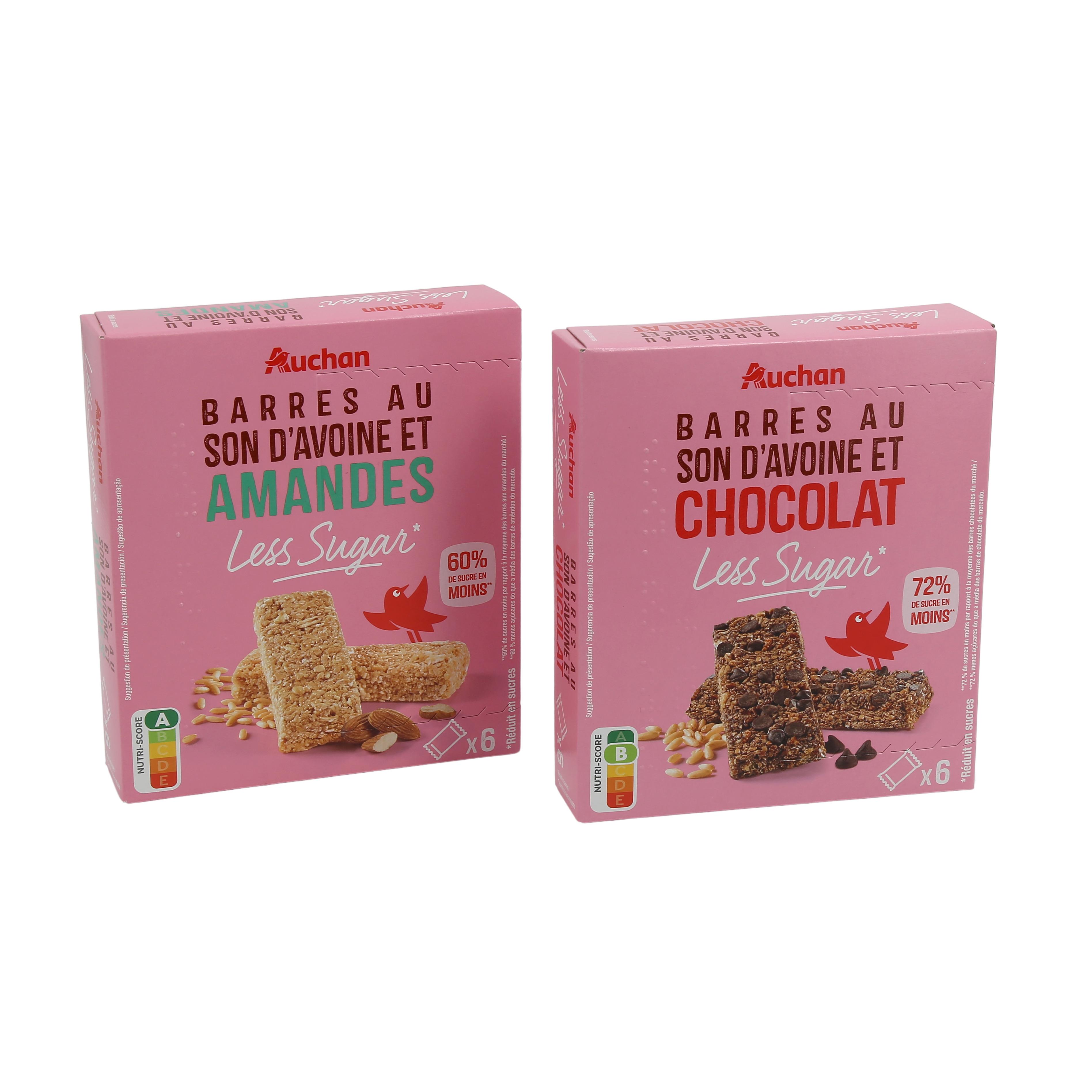 Voir la diapositive 4 : AUCHAN LESS SUGAR Barres au son d'avoine et chocolat 6 barres 180g
