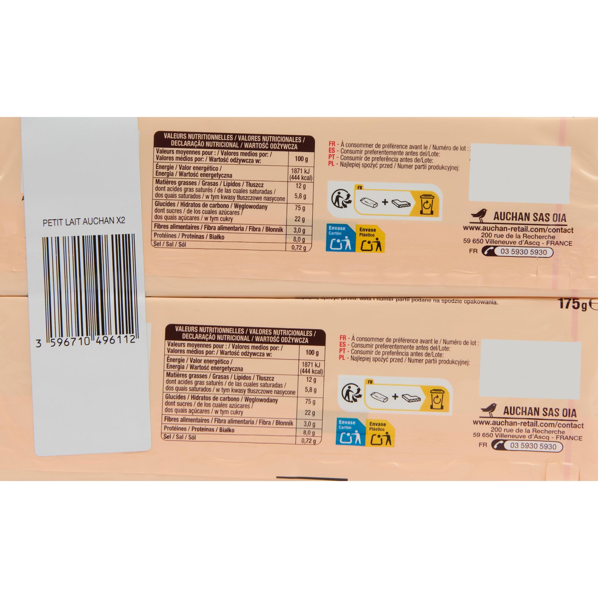 Voir la diapositive 4 : AUCHAN Biscuits petit lait 48 biscuits 2x175g