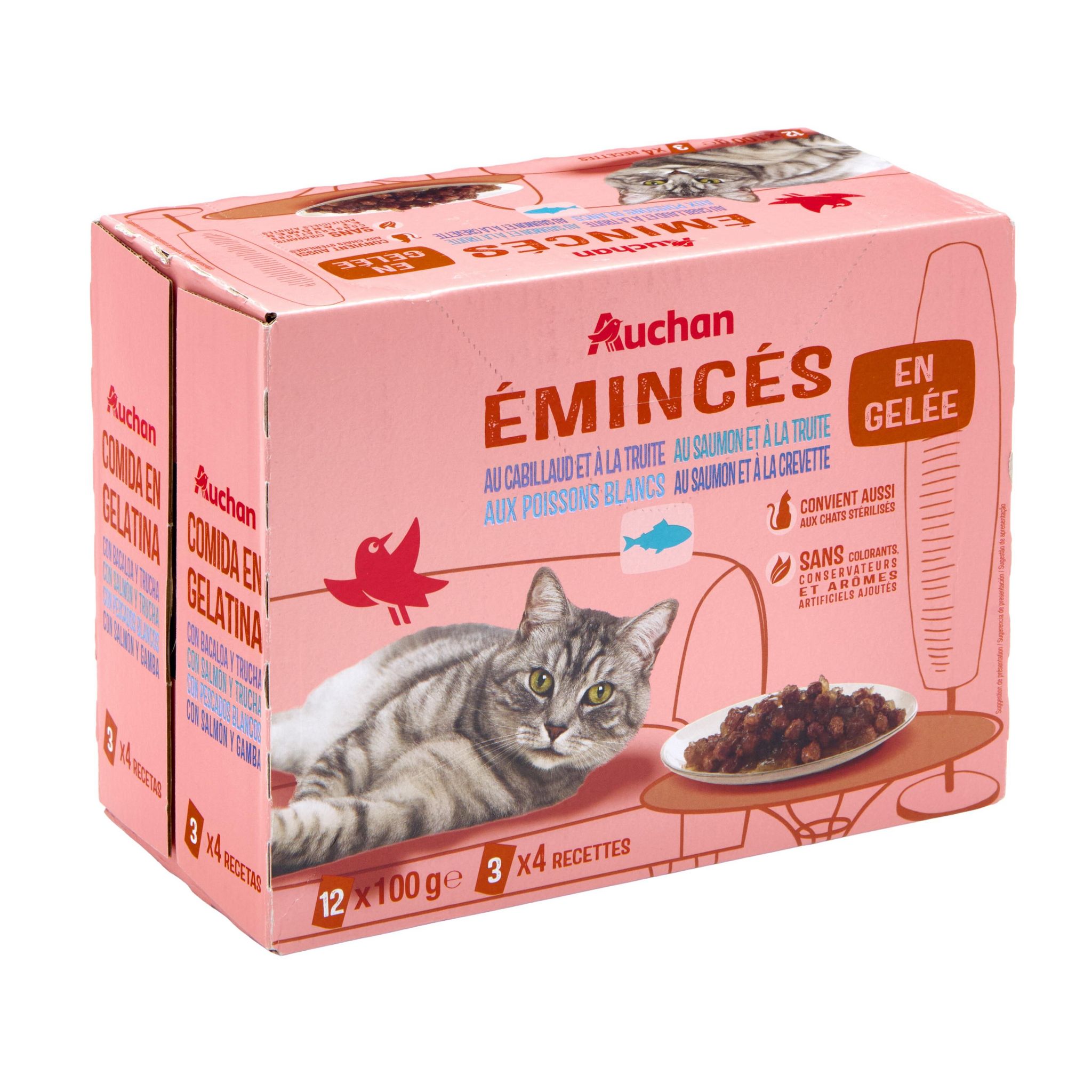 Voir la diapositive 2 : AUCHAN Sachets repas émincés en gelée aux poissons pour chat 12 sachets 12x100g
