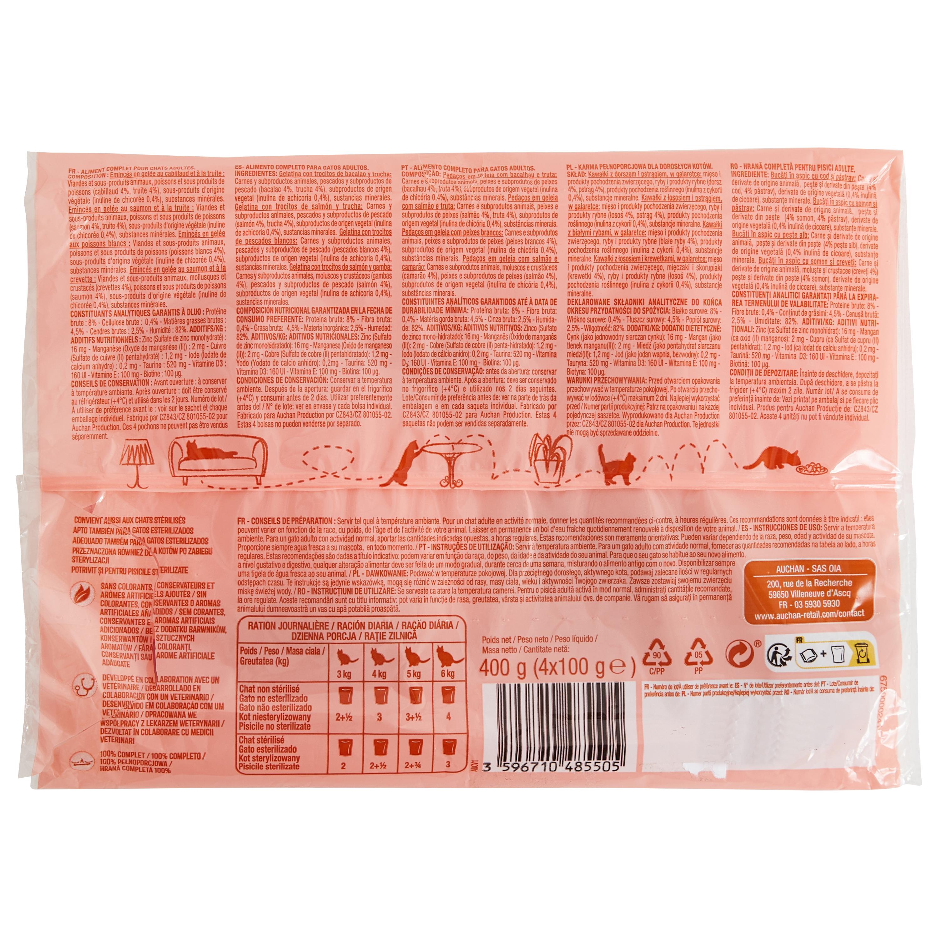 Voir la diapositive 2 : AUCHAN Sachets repas émincés en gelée poissons pour chat 4 sachets 4x100g