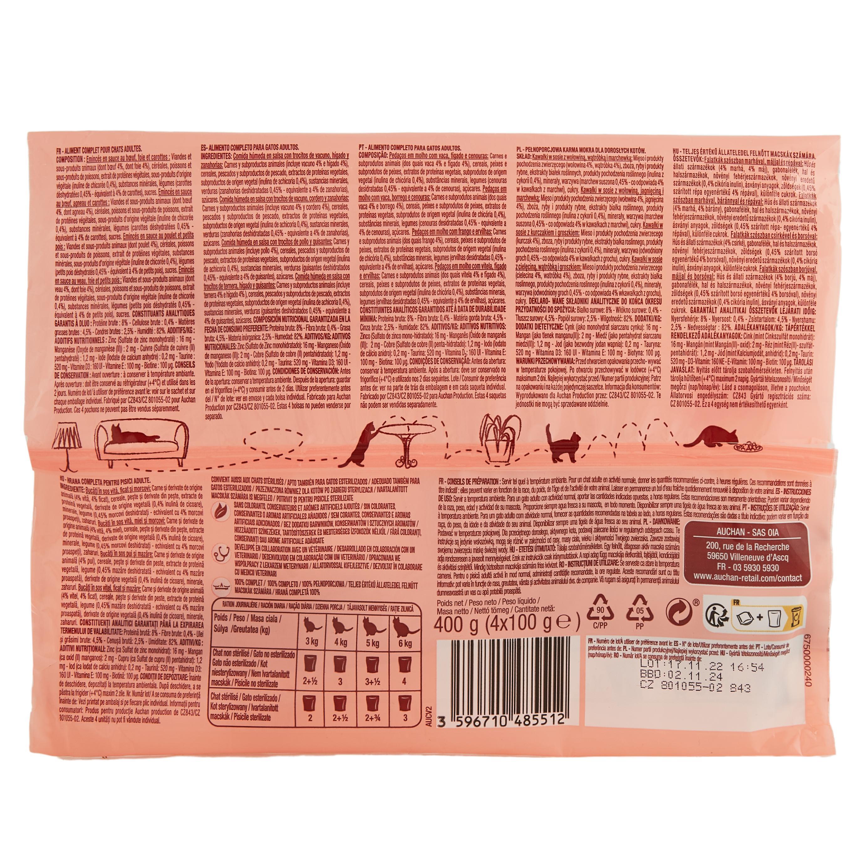 Voir la diapositive 2 : AUCHAN Sachets repas émincés en sauce viandes et légumes pour chat 4 sachets 4x100g