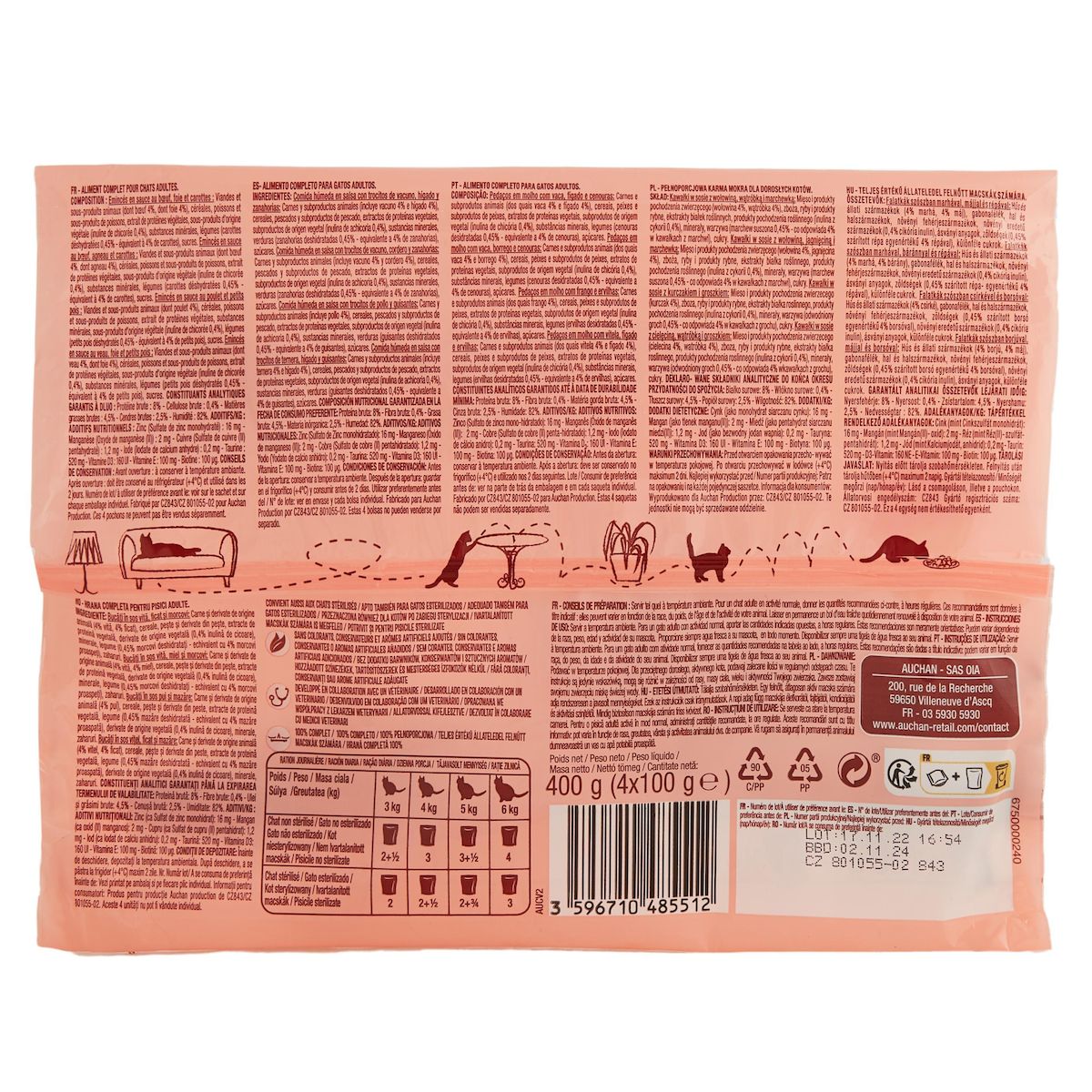 AUCHAN Sachets repas émincés en sauce viandes et légumes pour chat 4 sachets 4x100g