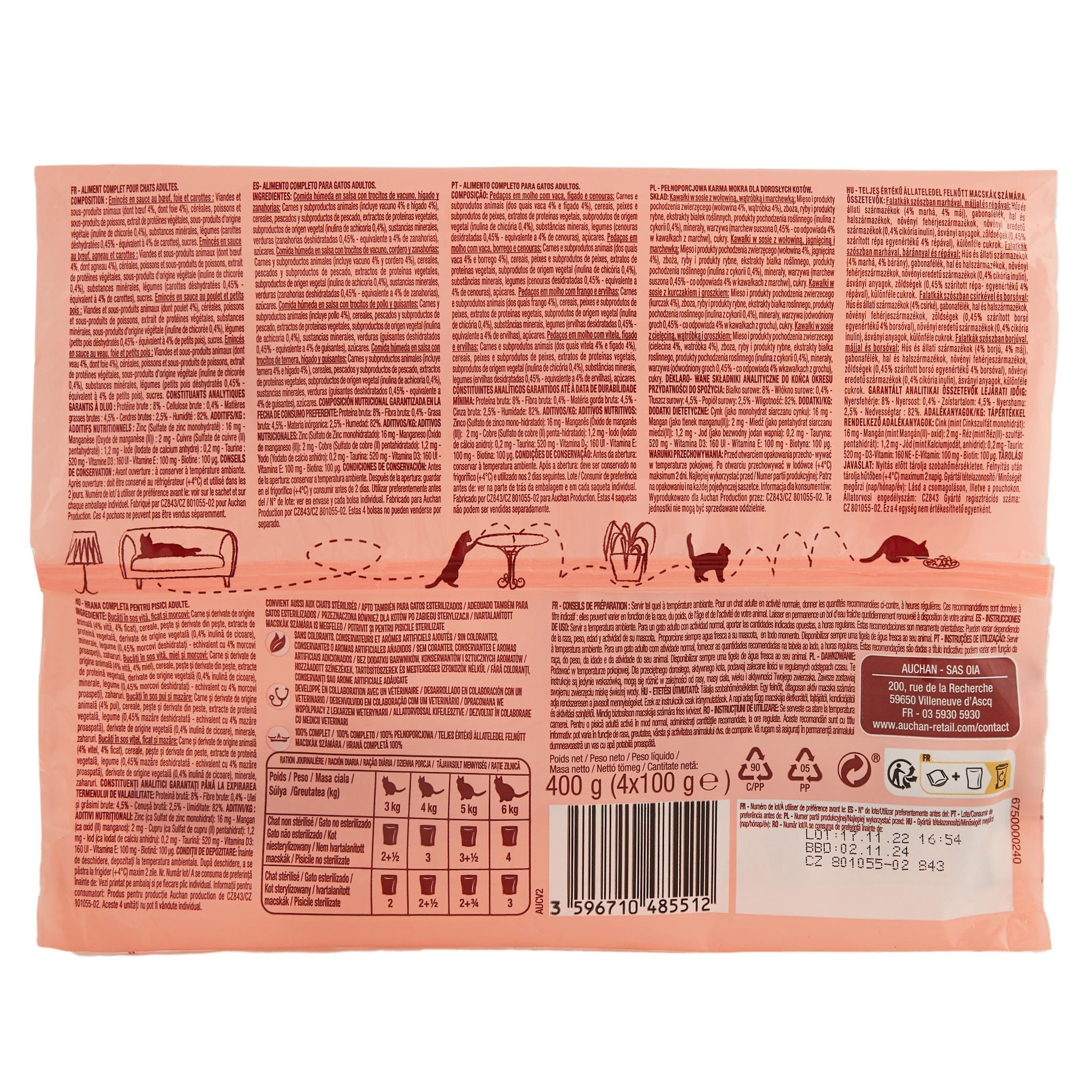 Voir la diapositive 3 : AUCHAN Sachets repas émincés en sauce viandes et légumes pour chat 4 sachets 4x100g