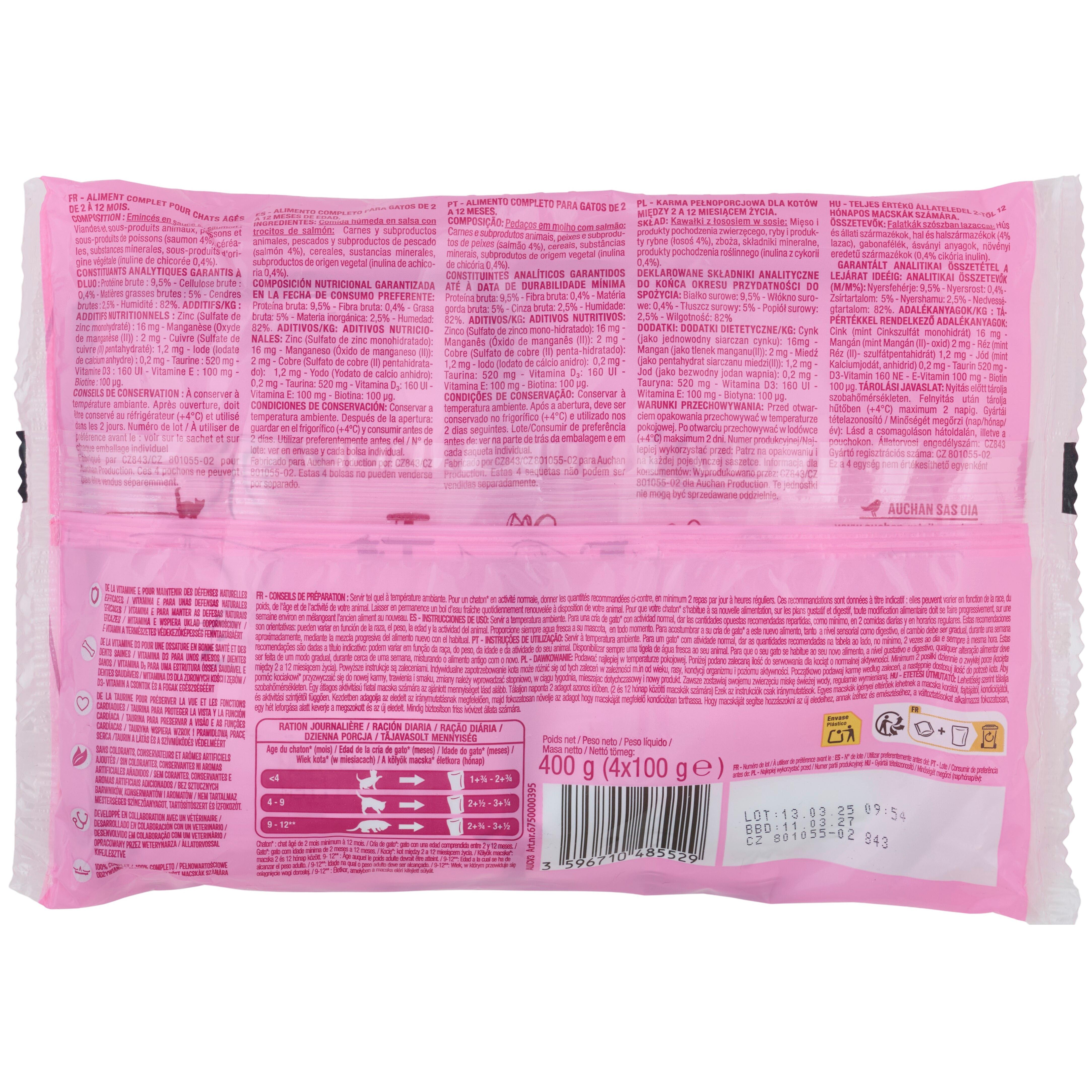 Voir la diapositive 2 : AUCHAN Emincés en sauce au saumon pour chat junior 4 sachets 4x100g