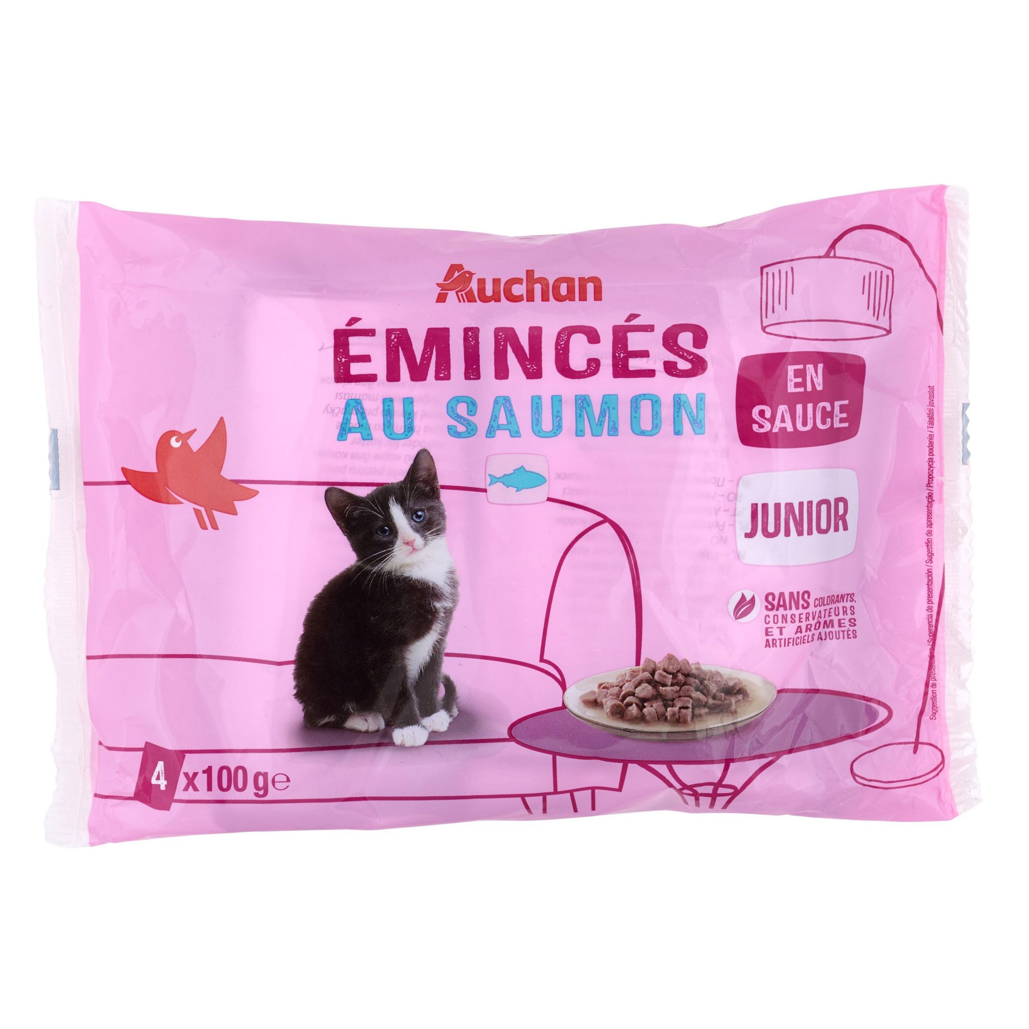 Voir la diapositive 3 : AUCHAN Emincés en sauce au saumon pour chat junior 4 sachets 4x100g