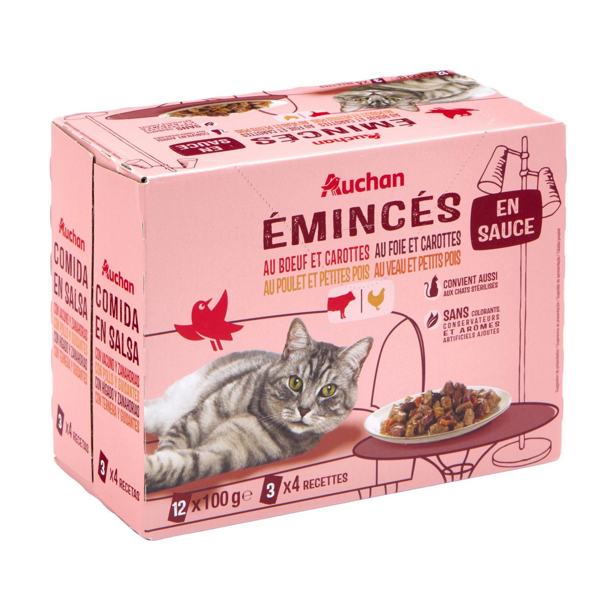 AUCHAN Sachets repas Émincés en sauce à la viande pour chat stérilisé 12 sachets 12x100g