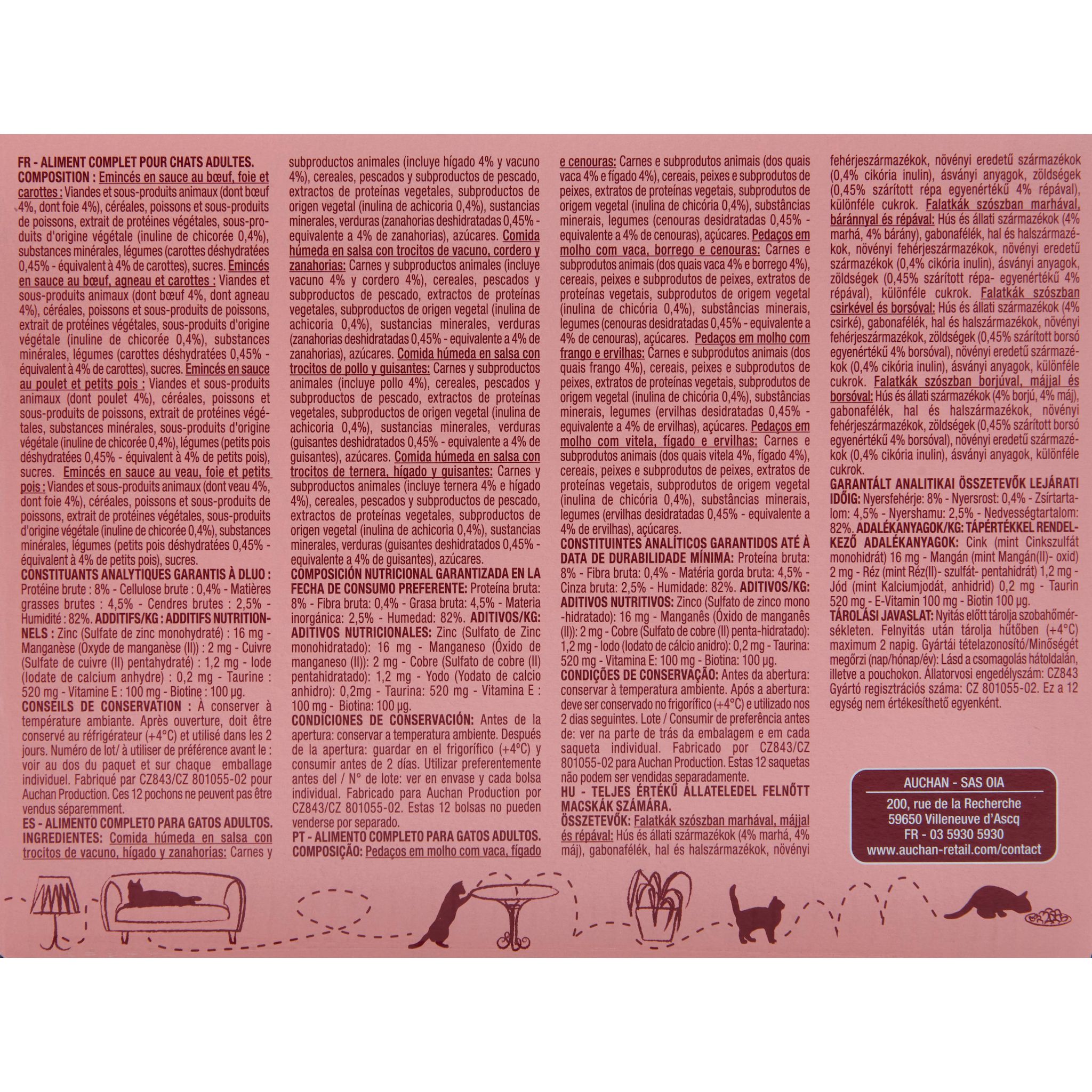 Voir la diapositive 4 : AUCHAN Sachets repas Émincés en sauce à la viande pour chat stérilisé 12 sachets 12x100g