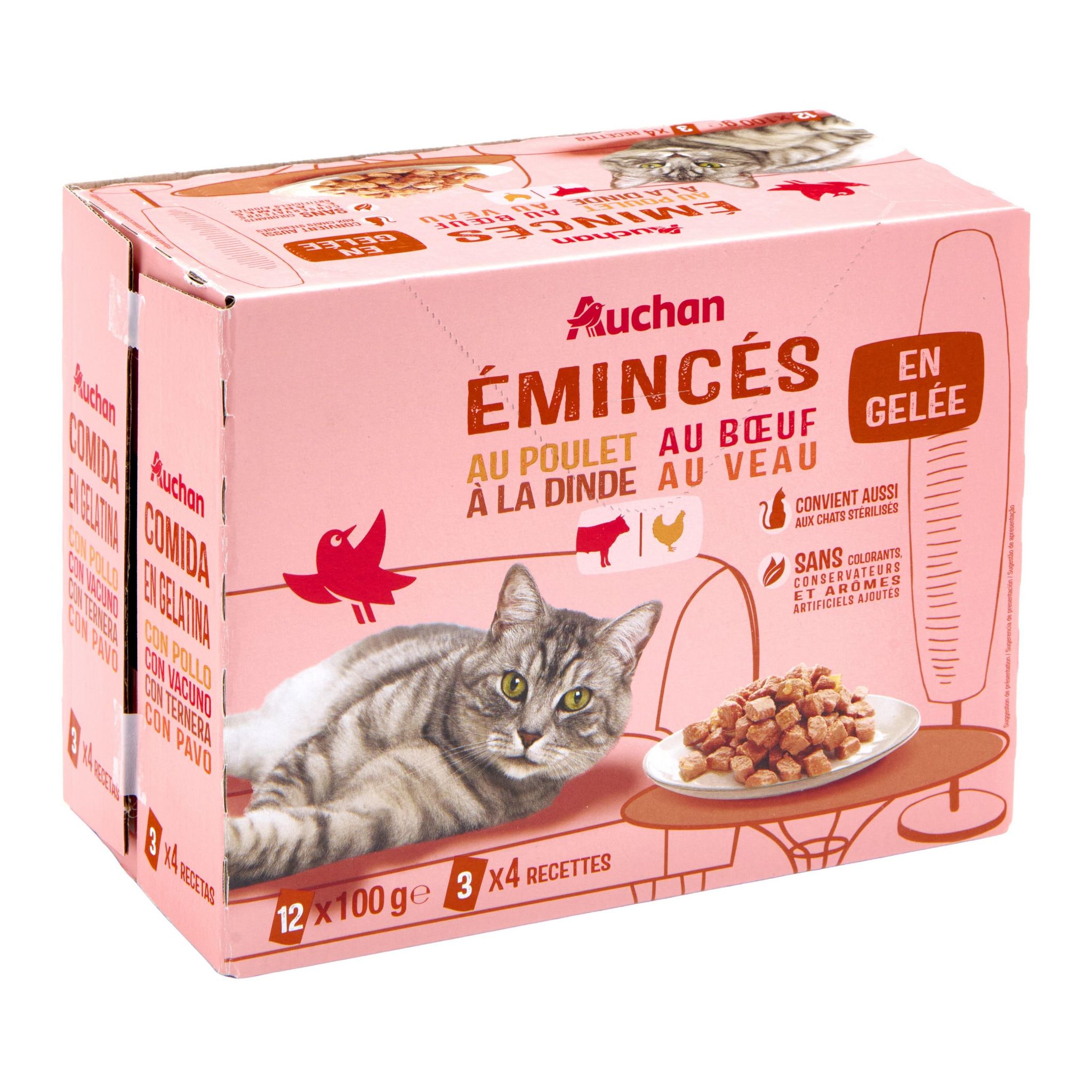 Voir la diapositive 2 : AUCHAN Sachets repas Emincés en gelée à la viandes pour chat stérilisé 12 sachets 12x100g