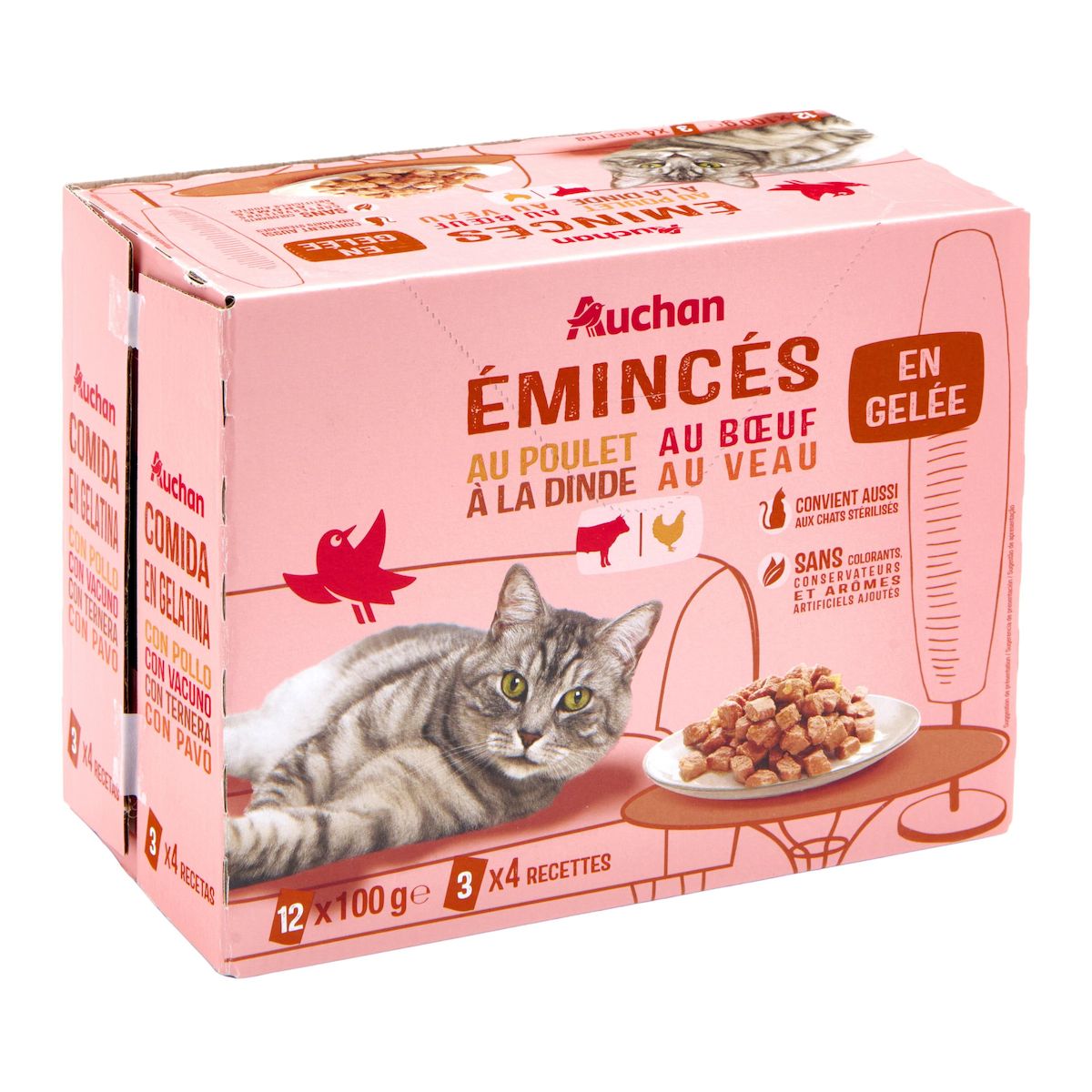 AUCHAN Sachets repas Emincés en gelée à la viandes pour chat stérilisé 12 sachets 12x100g