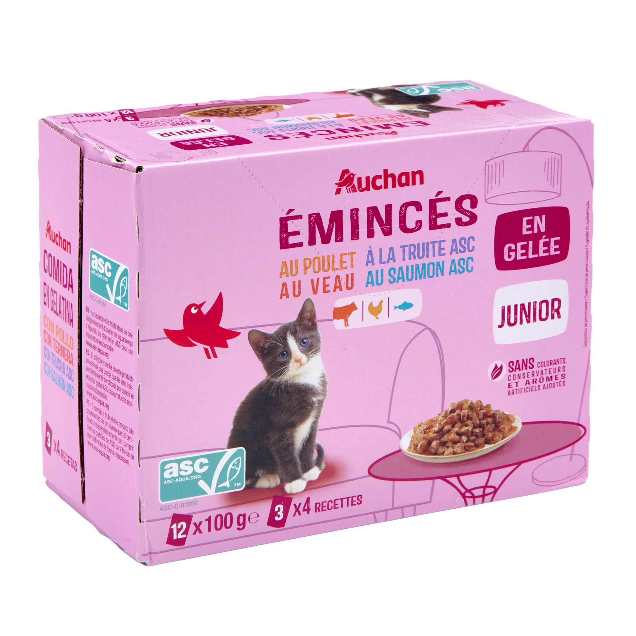 Voir la diapositive 2 : AUCHAN Sachets repas Emincés en gelée viande et poisson ASC pour chaton 12 sachets 12x100g