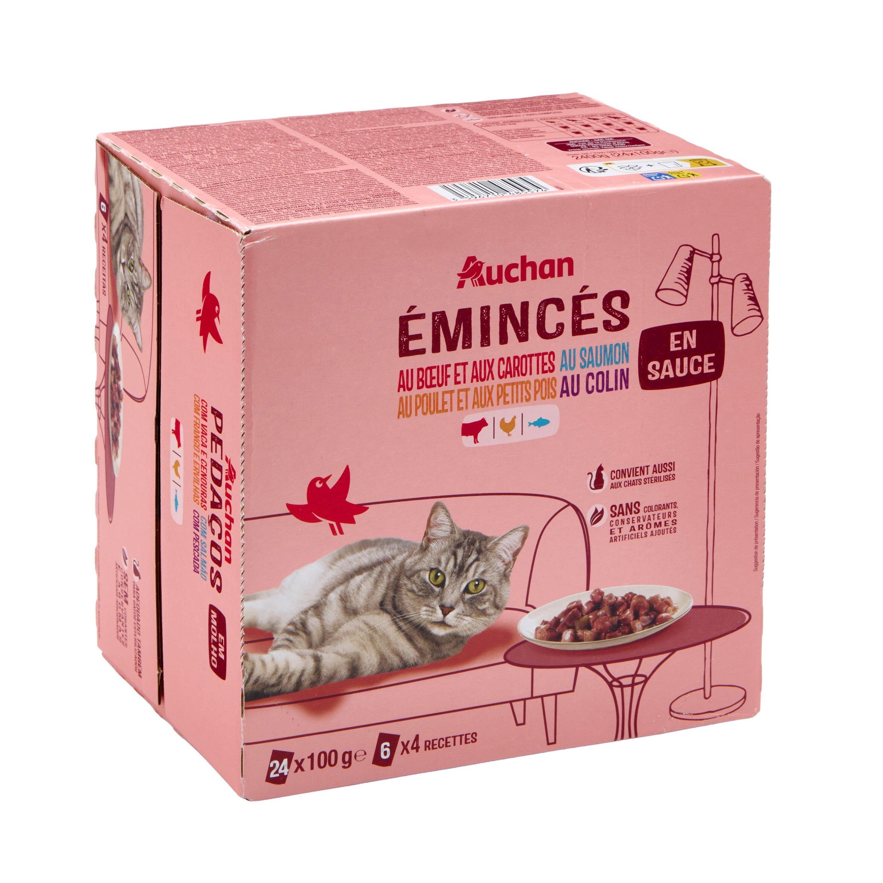 Voir la diapositive 2 : AUCHAN Emincés en sauce viandes et poissons pour chat 24 sachets 24x100g
