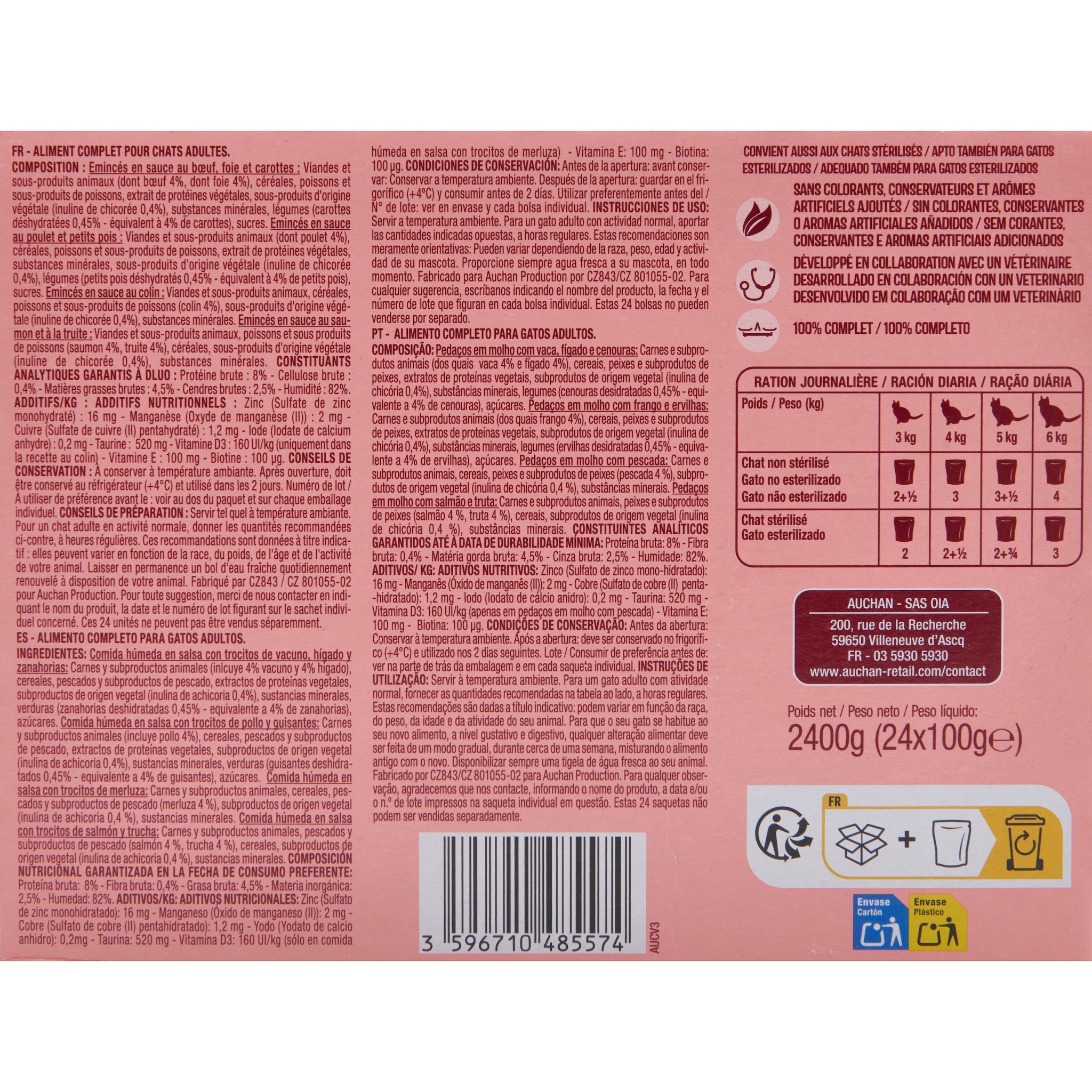 Voir la diapositive 2 : AUCHAN Emincés en sauce viandes et poissons pour chat 24 sachets 24x100g