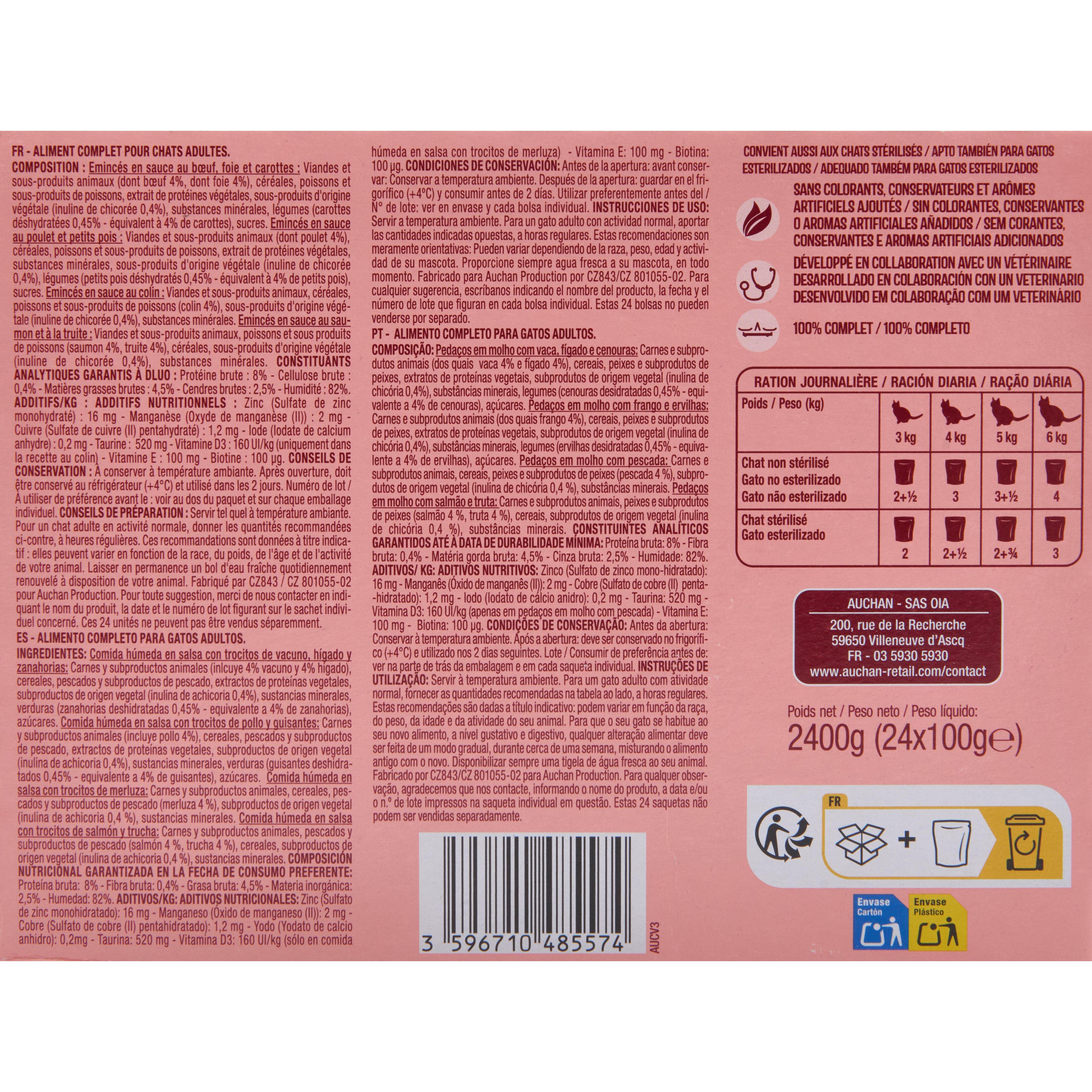 Voir la diapositive 3 : AUCHAN Emincés en sauce viandes et poissons pour chat 24 sachets 24x100g
