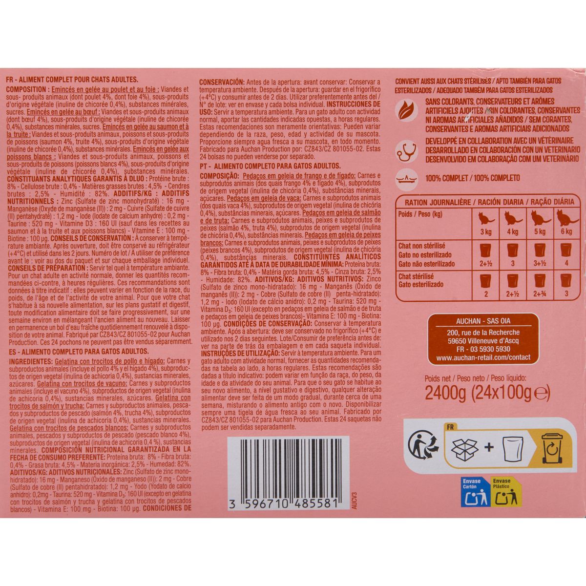 AUCHAN Emincés en gelée viandes et poissons pour chat 24x100g