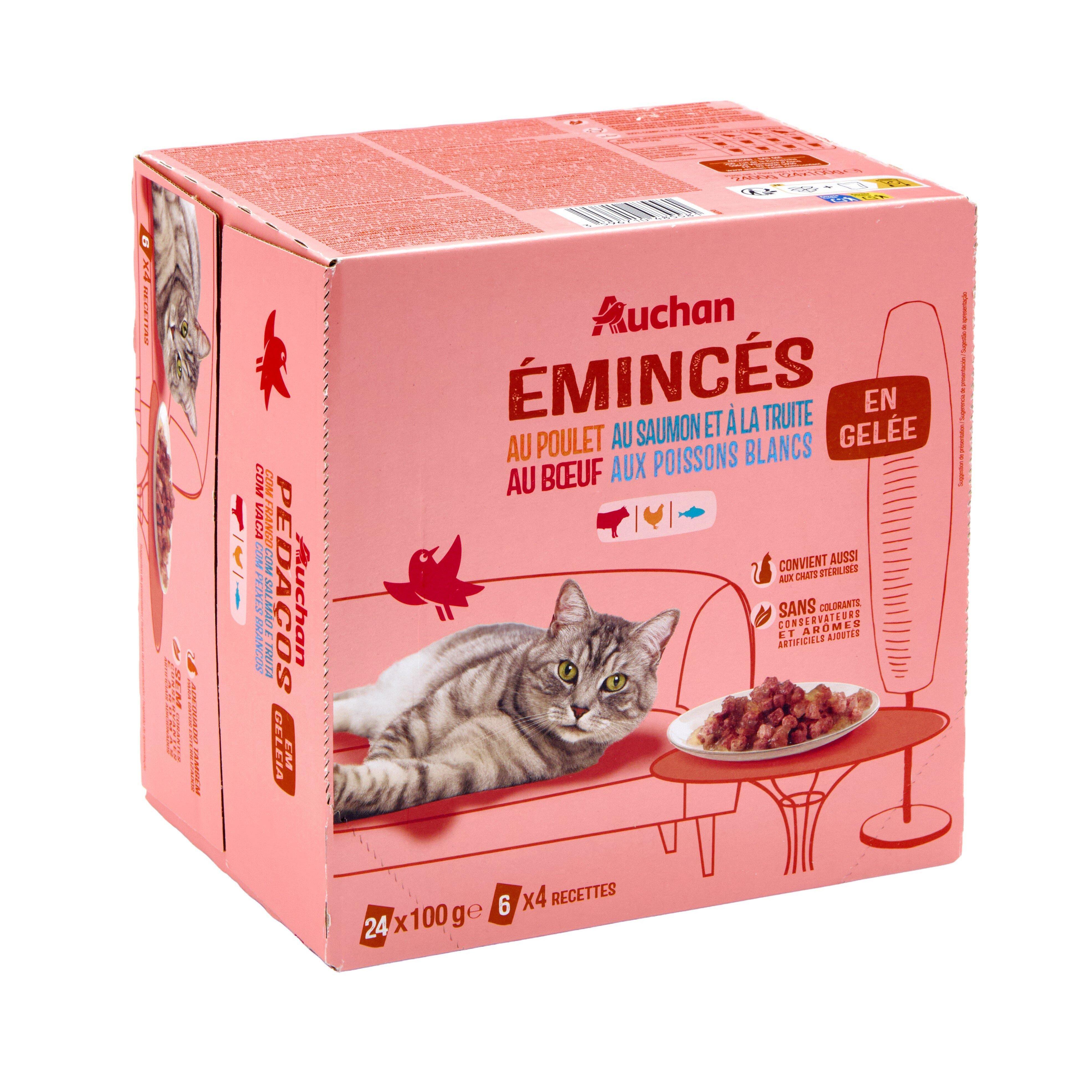 Voir la diapositive 3 : AUCHAN Emincés en gelée viandes et poissons pour chat 24x100g