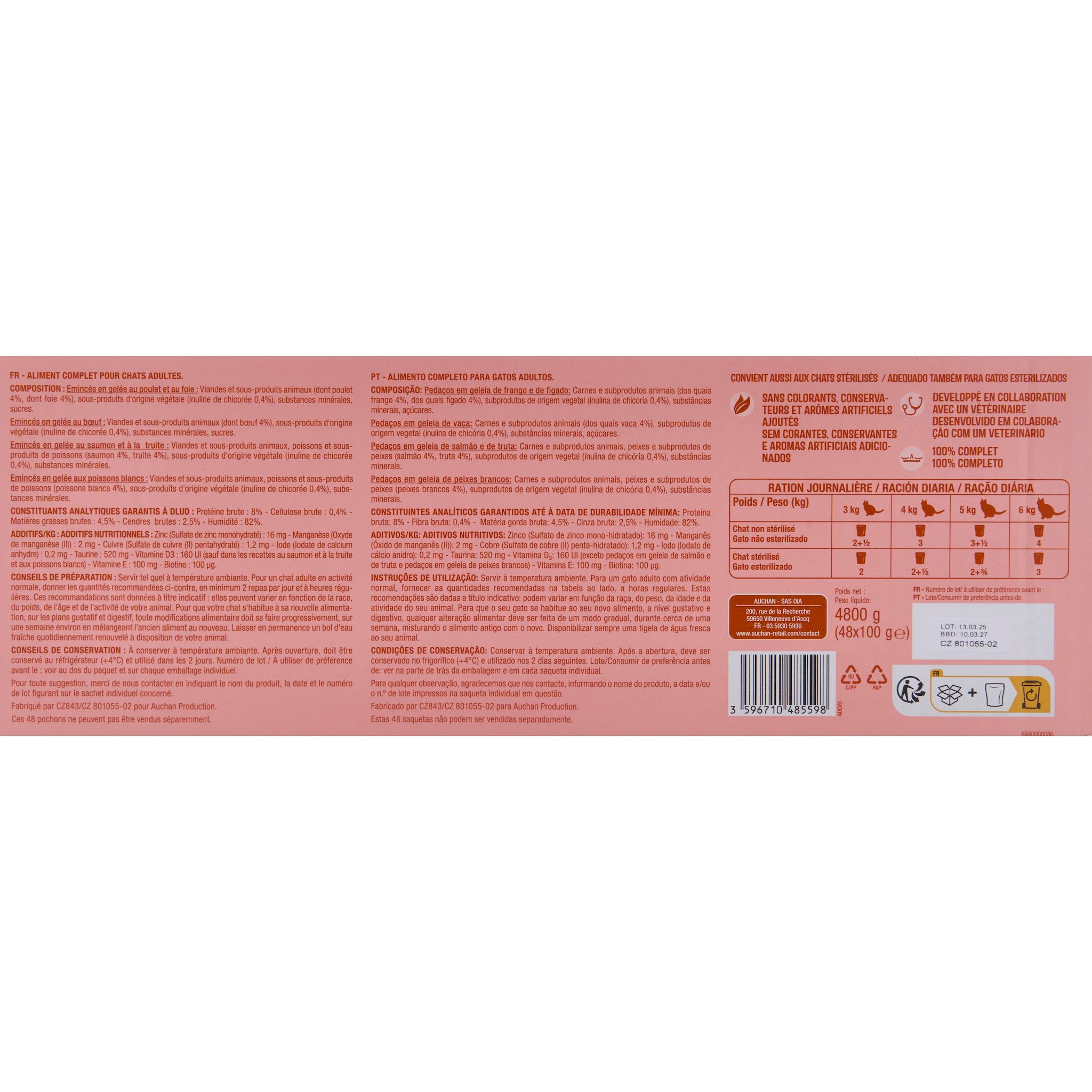 Voir la diapositive 2 : AUCHAN Sachets repas émincés en gelée viandes et poissons pour chat 48 sachets 48x100g