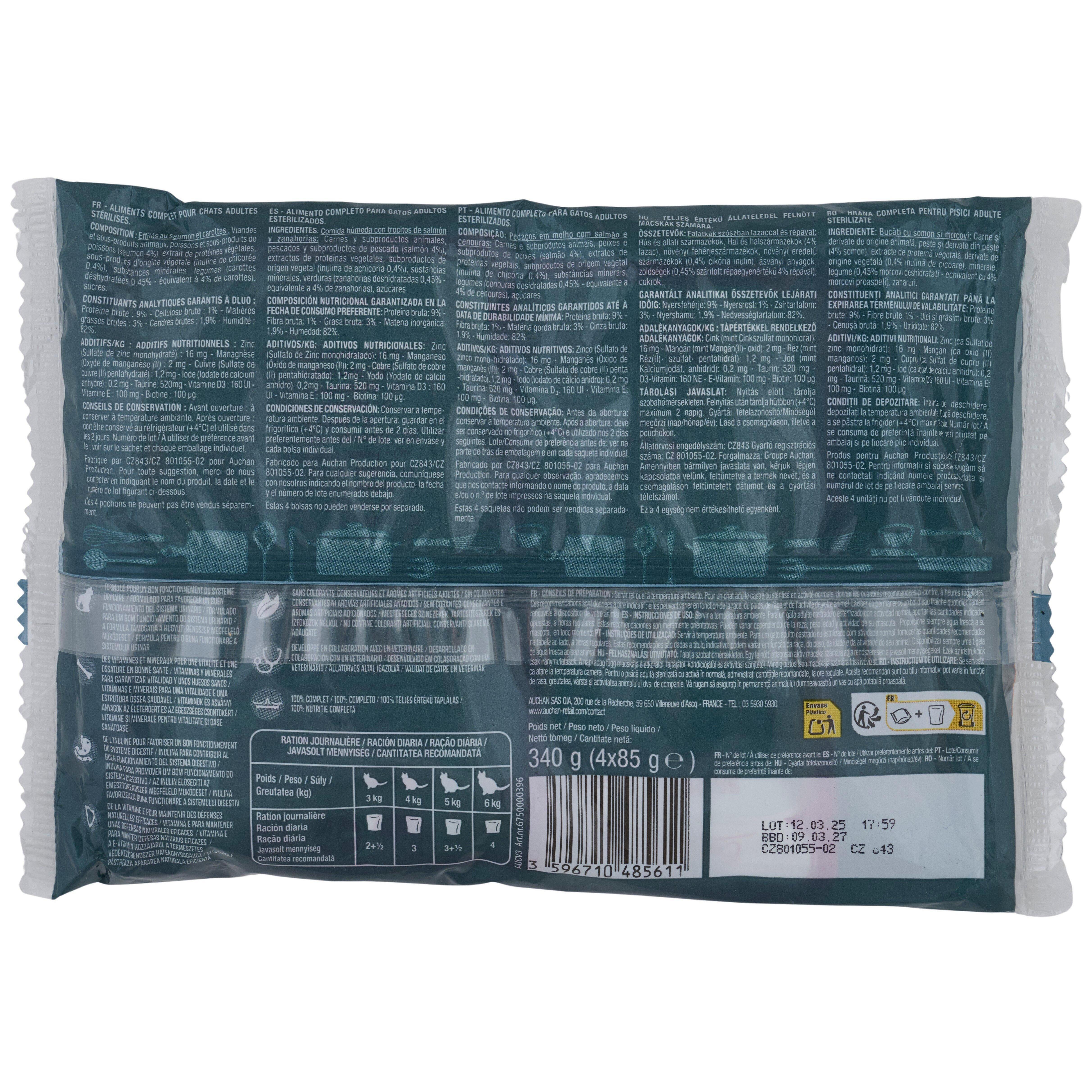 Voir la diapositive 2 : AUCHAN Sachets repas Effilés en sauce saumon et carottes pour chat stérilisé 4 sachets 4x85g