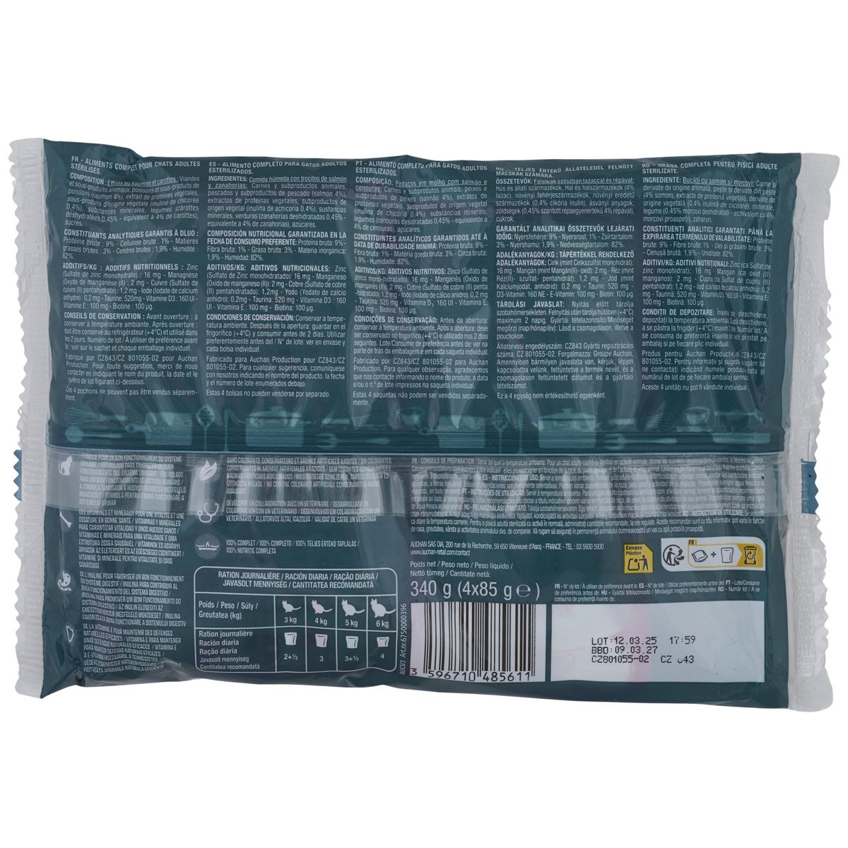 AUCHAN Sachets repas Effilés en sauce saumon et carottes pour chat stérilisé 4 sachets 4x85g