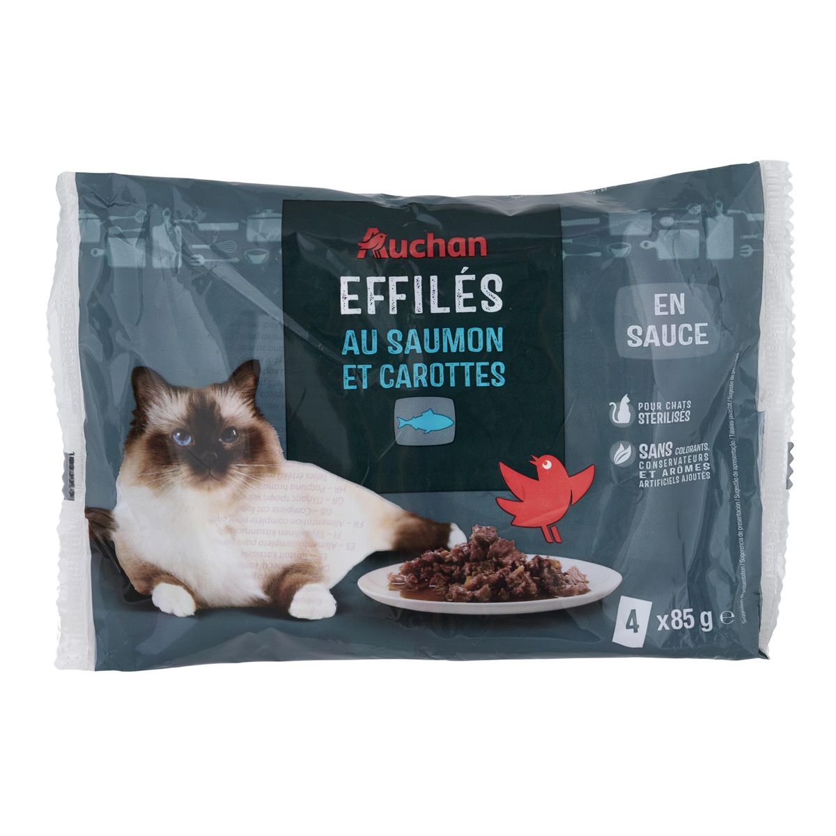 AUCHAN Sachets repas Effilés en sauce saumon et carottes pour chat stérilisé 4 sachets 4x85g