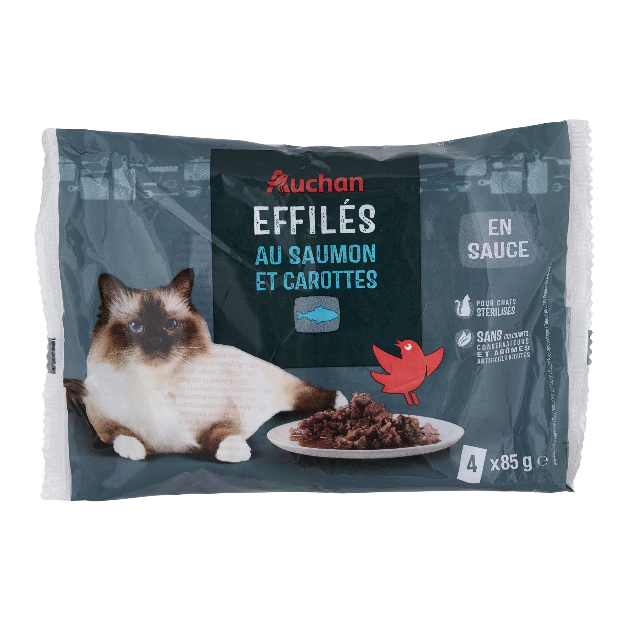 Voir la diapositive 3 : AUCHAN Sachets repas Effilés en sauce saumon et carottes pour chat stérilisé 4 sachets 4x85g