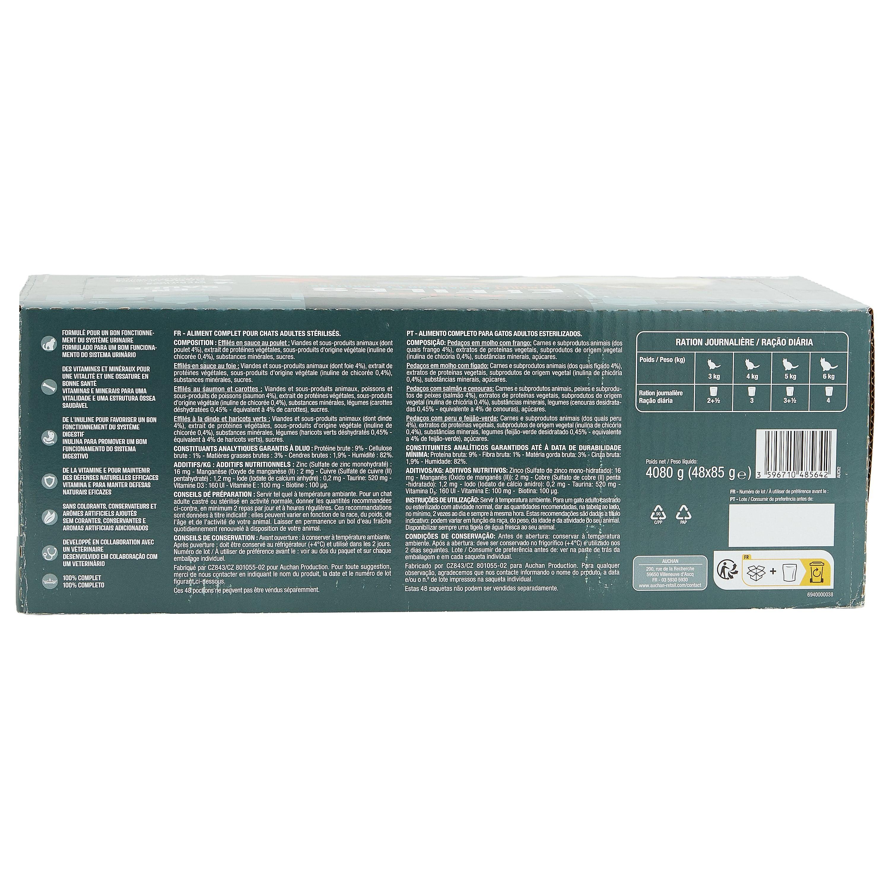 Voir la diapositive 2 : AUCHAN Sachets repas effilés en sauce viandes poissons et légumes pour chat 48 sachets 48x85g