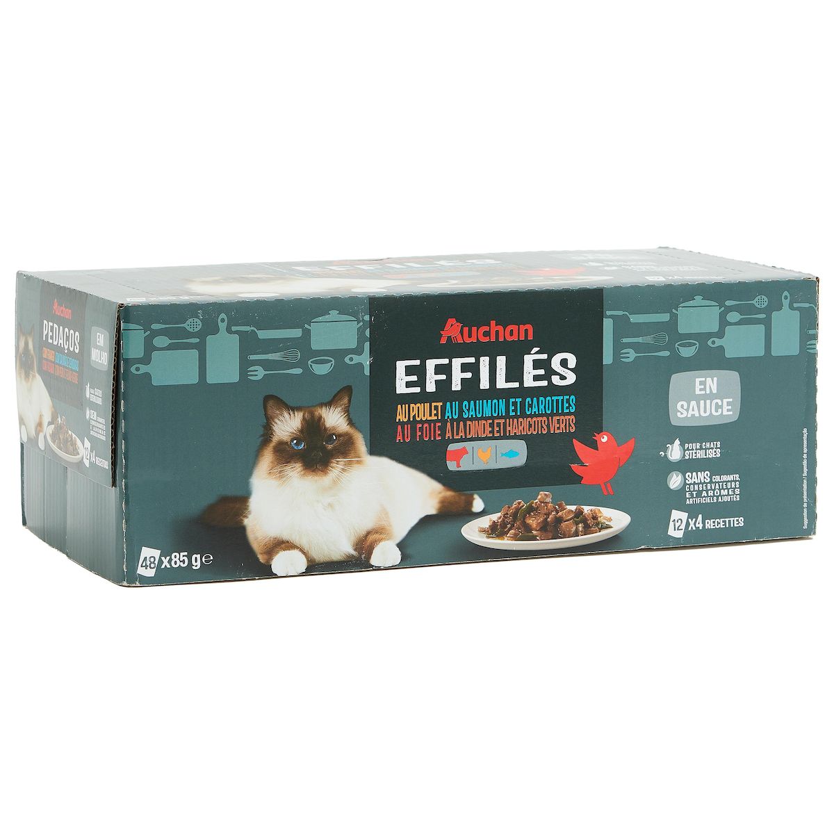 AUCHAN Sachets repas effilés en sauce viandes poissons et légumes pour chat 48 sachets 48x85g