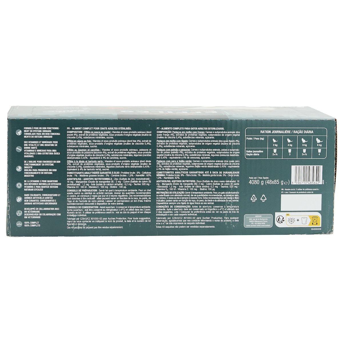 AUCHAN Sachets repas effilés en sauce viandes poissons et légumes pour chat 48 sachets 48x85g