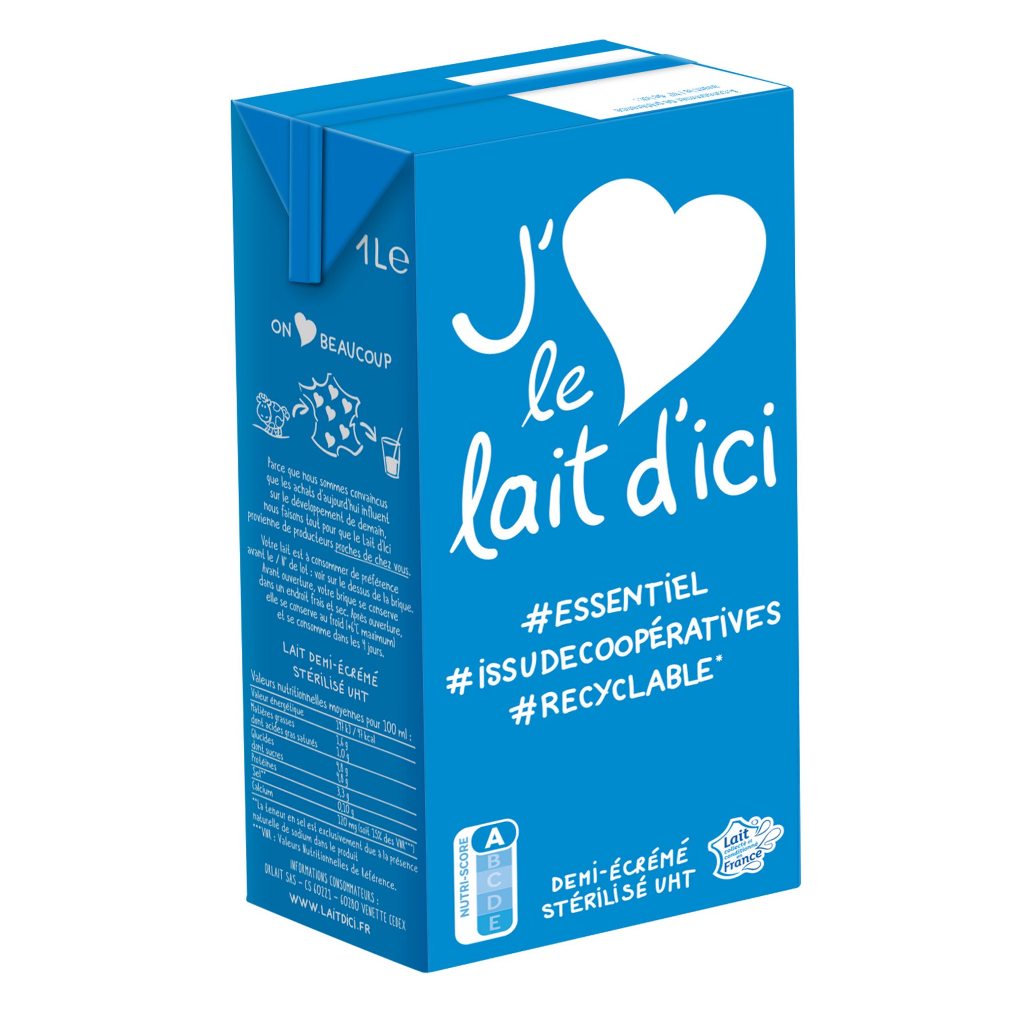 J'AIME LE LAIT D'ICI Lait demi écrémé stérilisé UHT 1l
