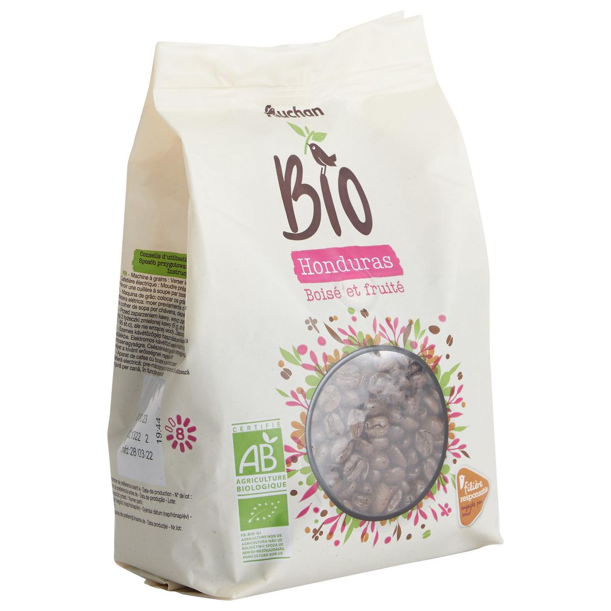 AUCHAN BIO CULTIVONS LE BON Café en grains Honduras boisé et fruité 500g
