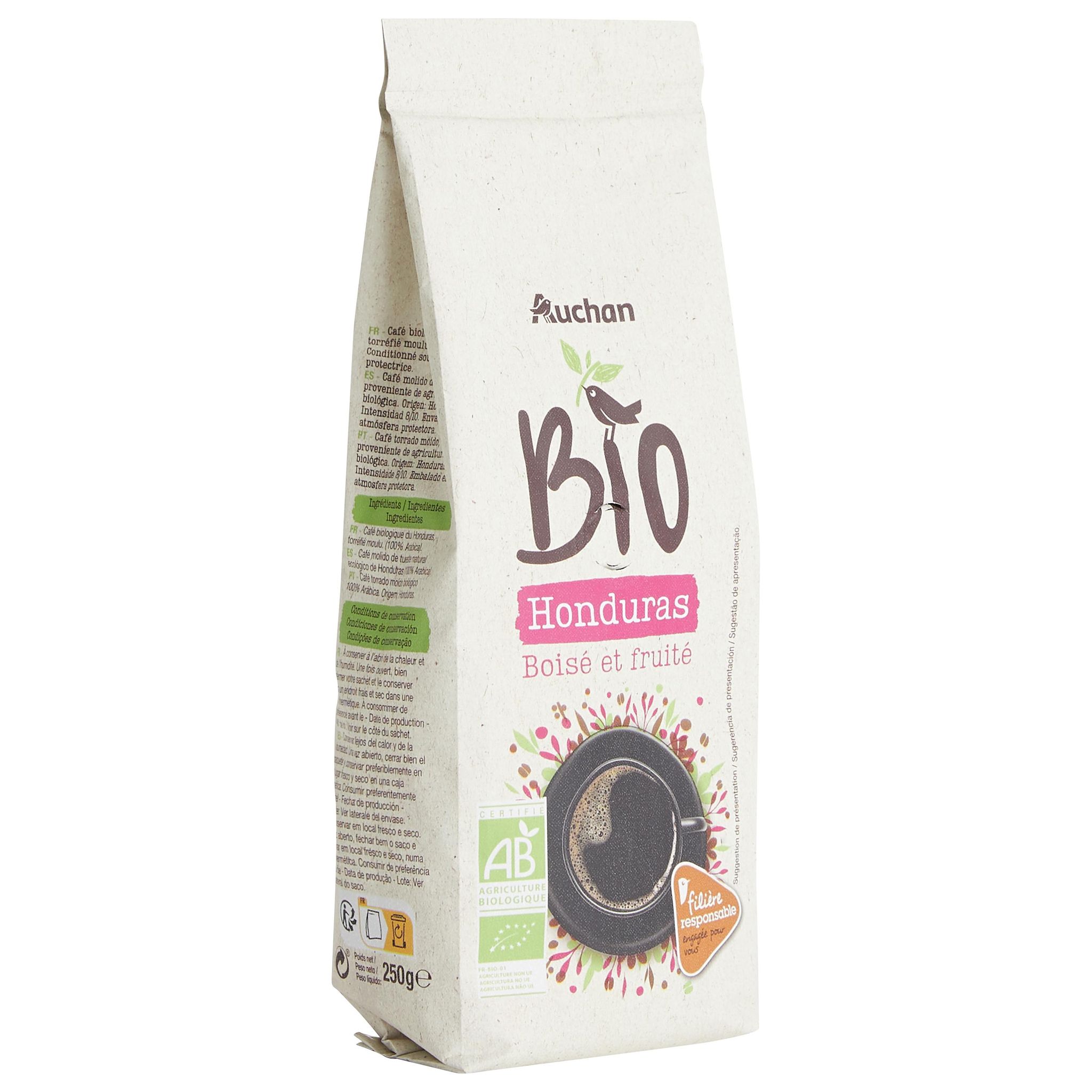 Voir la diapositive 2 : AUCHAN BIO CULTIVONS LE BON Café moulu Honduras boisé et fruité 250g