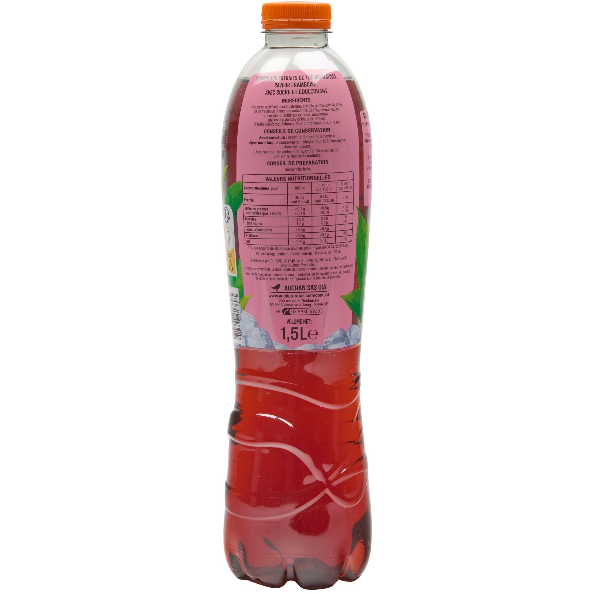Voir la diapositive 3 : AUCHAN Thé glacé à la framboise 1.5l