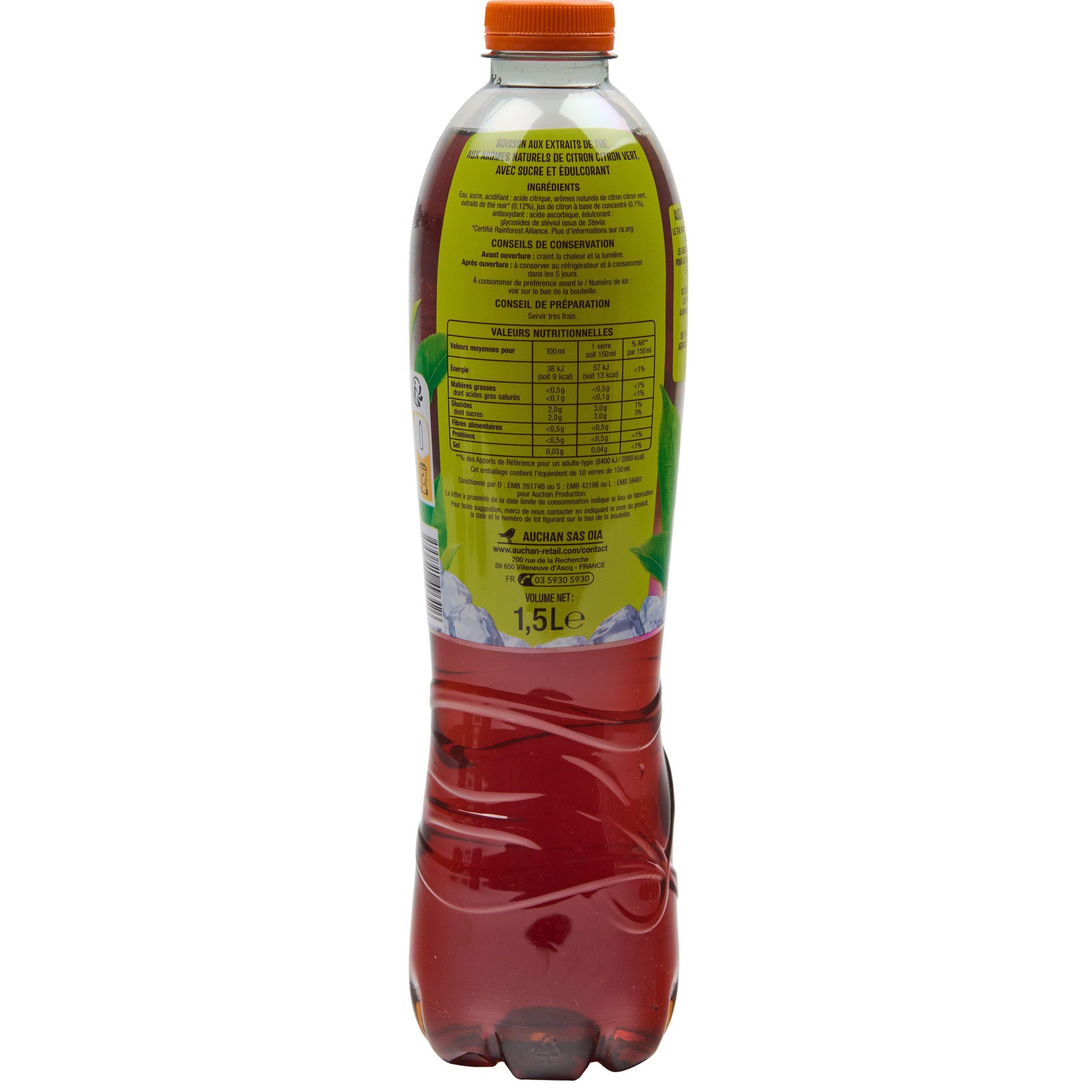Voir la diapositive 2 : AUCHAN Thé glacé au citron et citron vert 1.5l