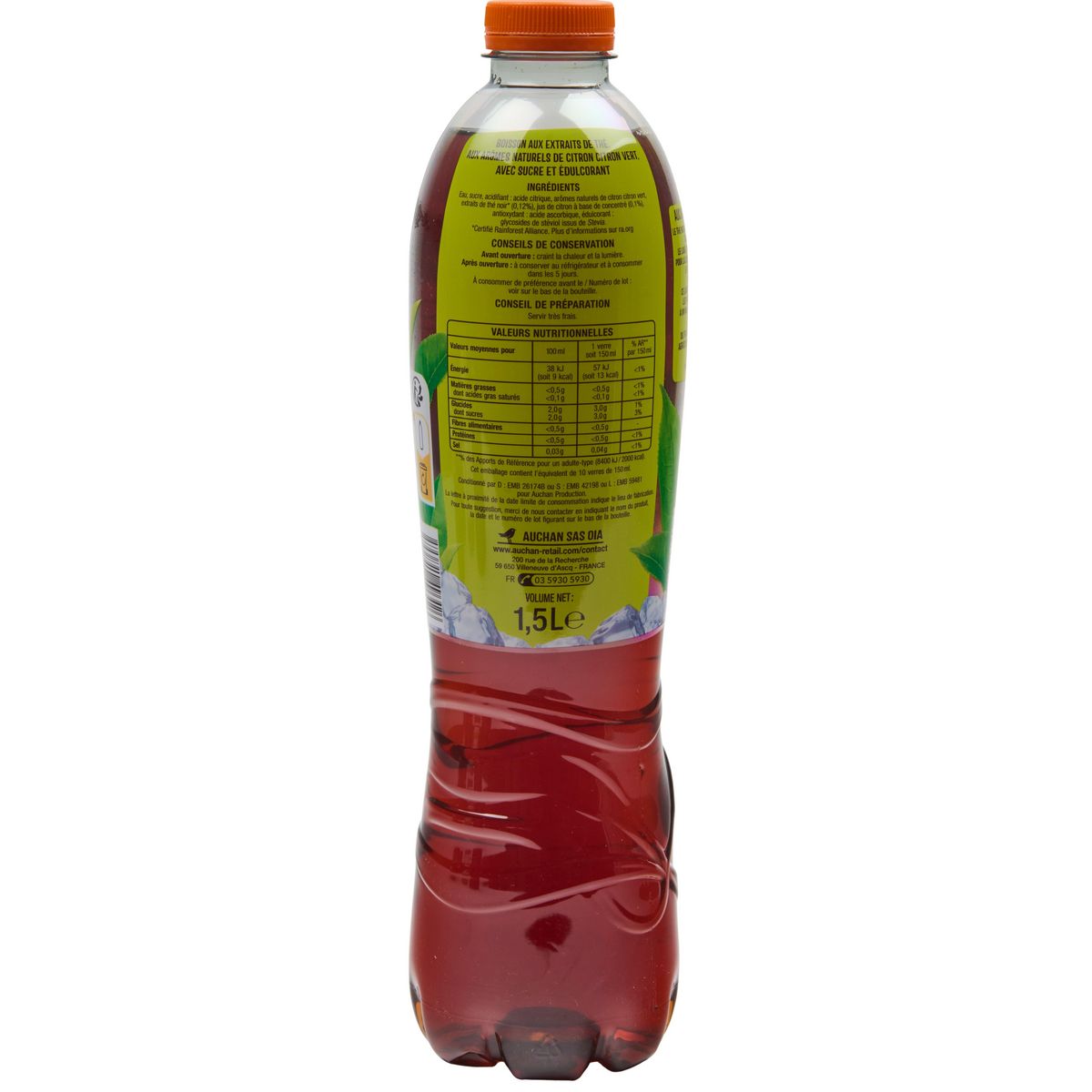 AUCHAN Thé glacé au citron et citron vert 1.5l