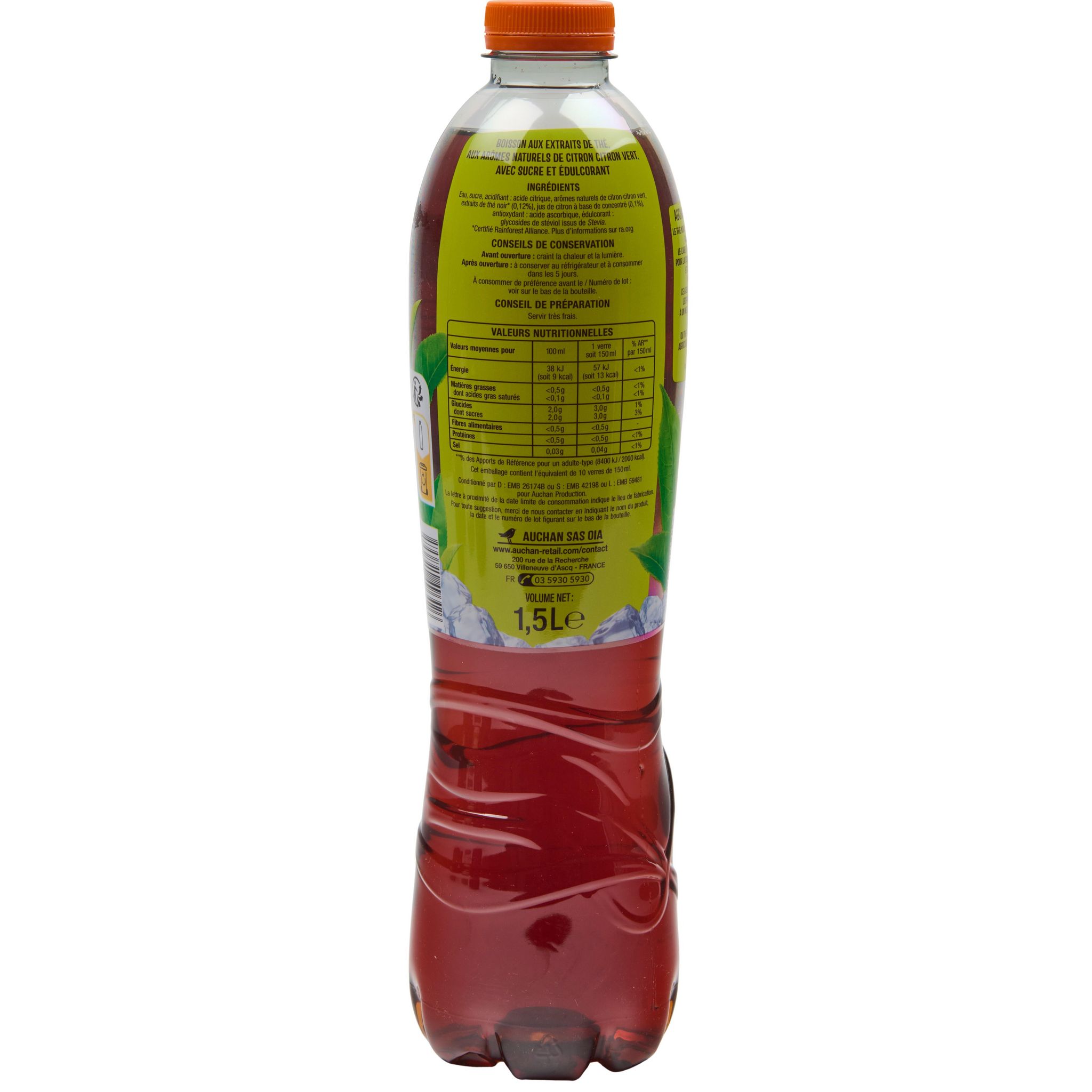 Voir la diapositive 3 : AUCHAN Thé glacé au citron et citron vert 1.5l