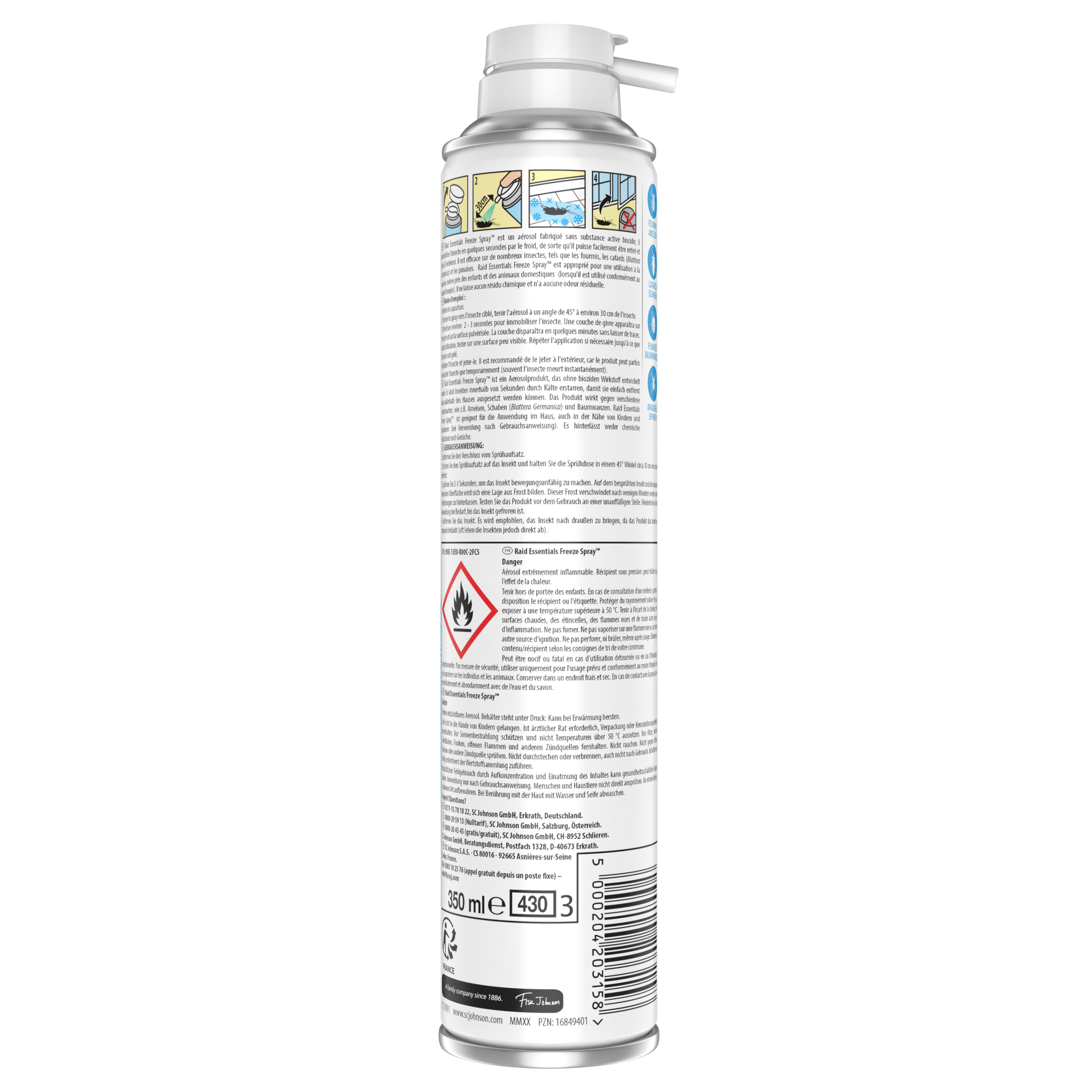 Voir la diapositive 2 : RAID Essentials Insecticides freeze spray anti-fourmis cafards 350ml