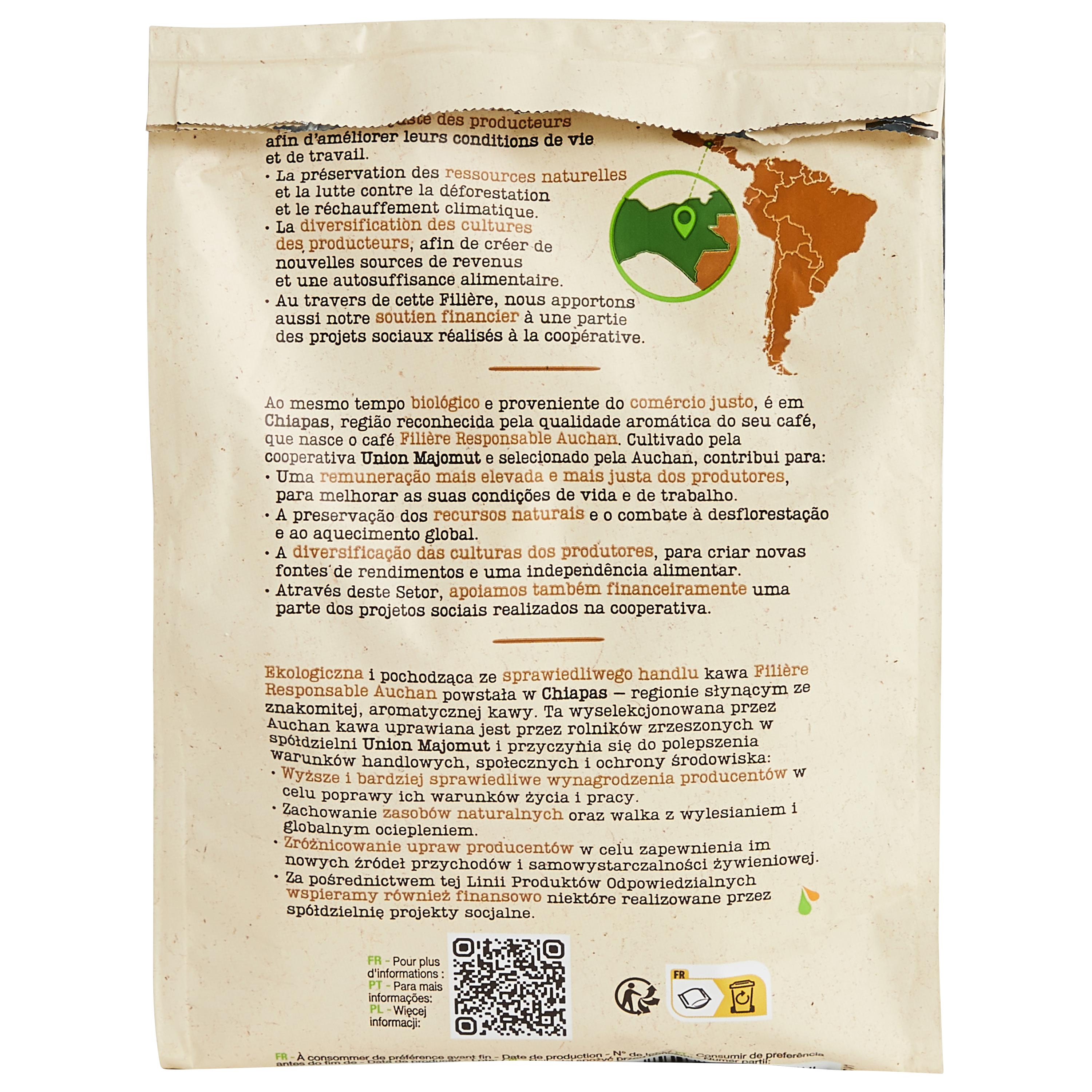 Voir la diapositive 2 : AUCHAN BIO CULTIVONS LE BON Dosettes de café Mexique rond et fruité intensité 5 bio compatibles Senseo 32 dosettes 220.8g