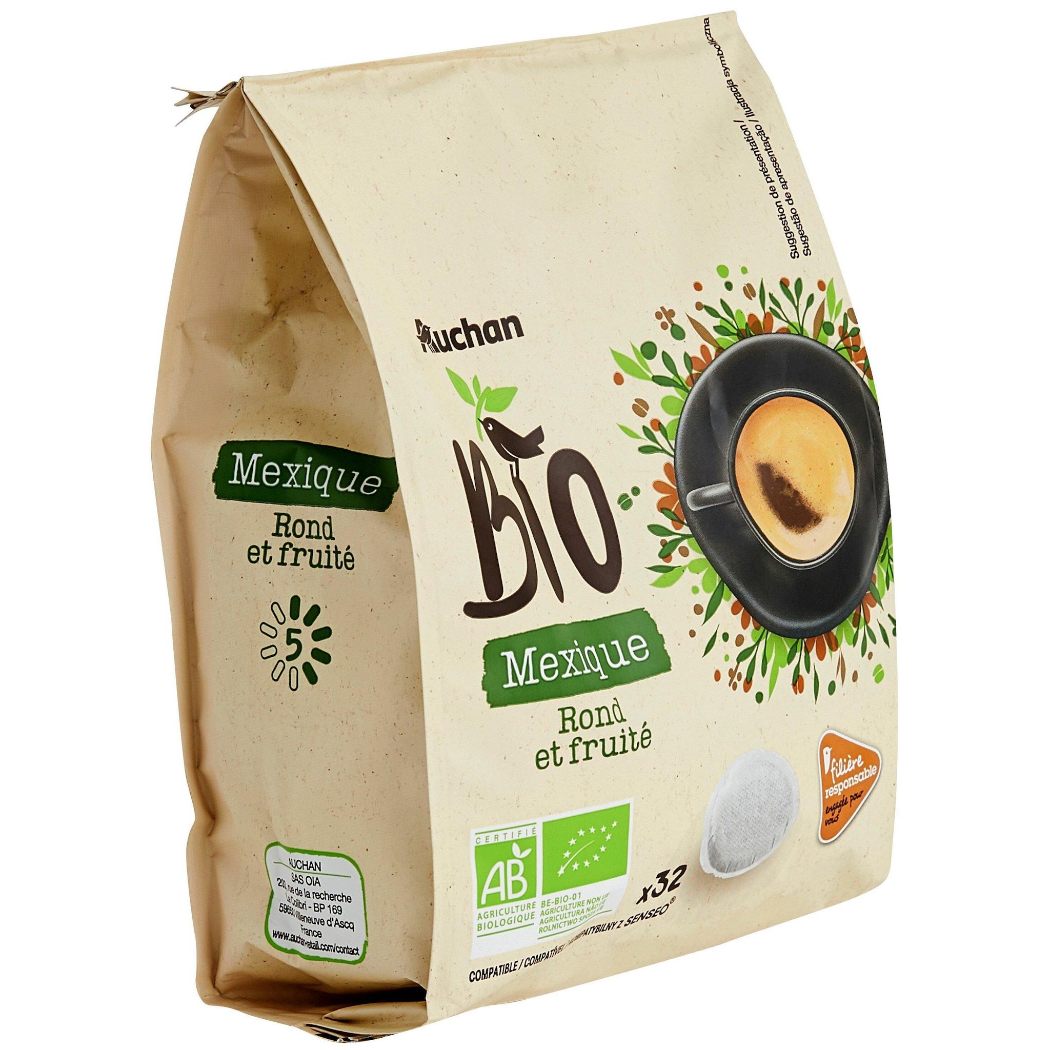 Voir la diapositive 2 : AUCHAN BIO CULTIVONS LE BON Dosettes de café Mexique rond et fruité intensité 5 compatibles Senseo 32 dosettes 220.8g