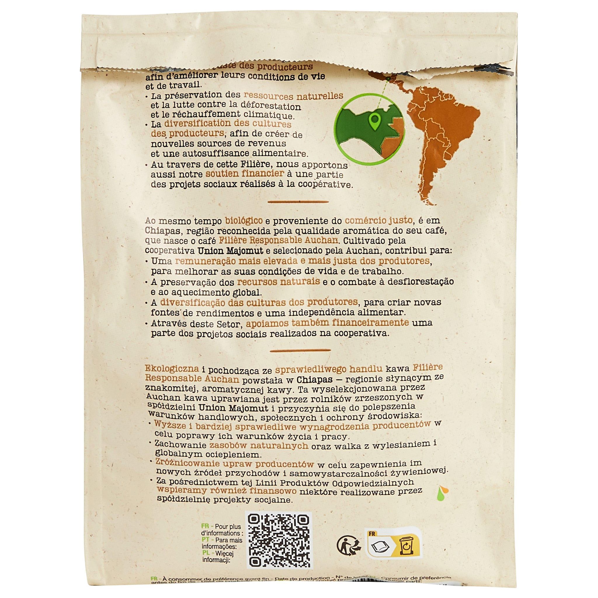 Voir la diapositive 3 : AUCHAN BIO CULTIVONS LE BON Dosettes de café Mexique rond et fruité intensité 5 compatibles Senseo 32 dosettes 220.8g