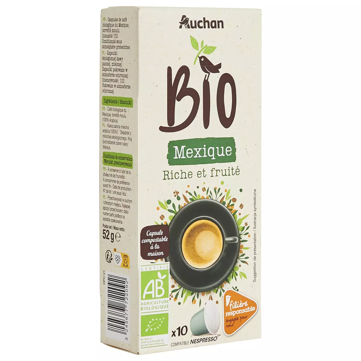 AUCHAN BIO CULTIONS LE BON Capsules de café compostables Mexique riche et fruité compatibles Nespresso 10 capsules 52g