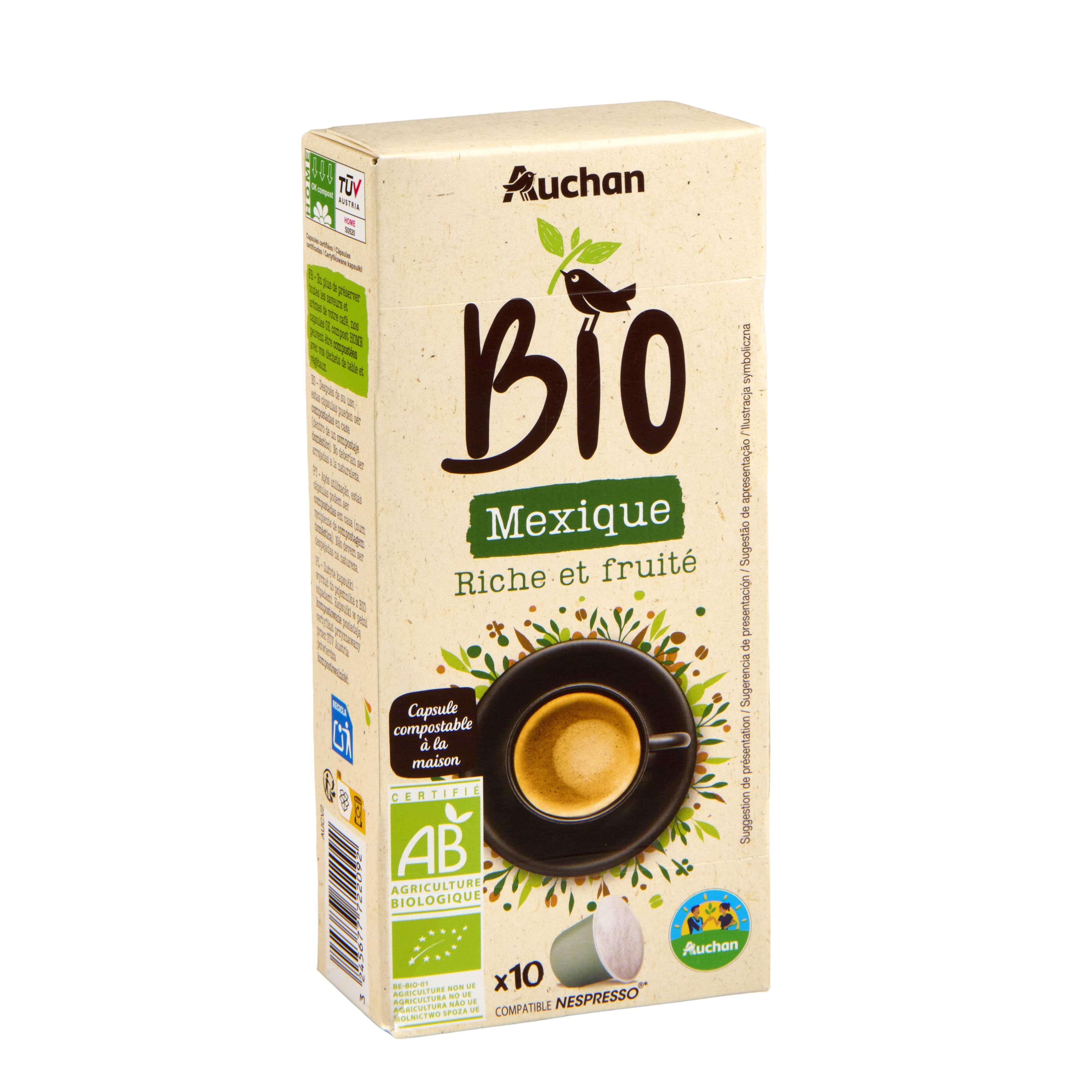 Voir la diapositive 2 : AUCHAN BIO CULTIVONS LE BON CULTIONS LE BON Capsules de café Mexique riche et fruité compatibles Nespresso 10 capsules 52g